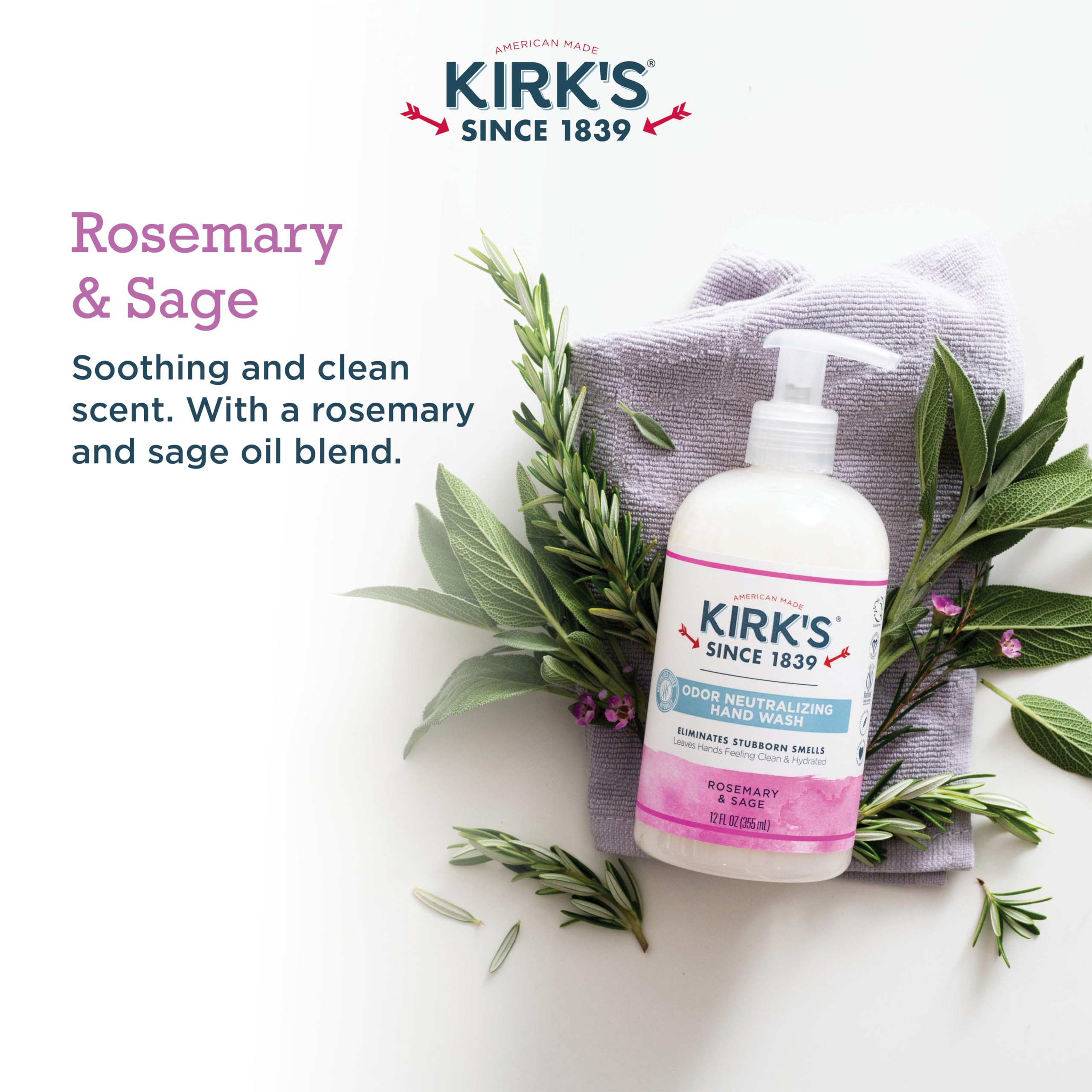 Odor-Neutralizing Natural Hand Soap by Kirkââ‚¬â„¢s | Castile Liquid Soap Pump Bottle | Moisturizing & Hydrating Kitchen Hand Wash | Rosemary & Sage Scent | 12 Fl Oz. Bottle