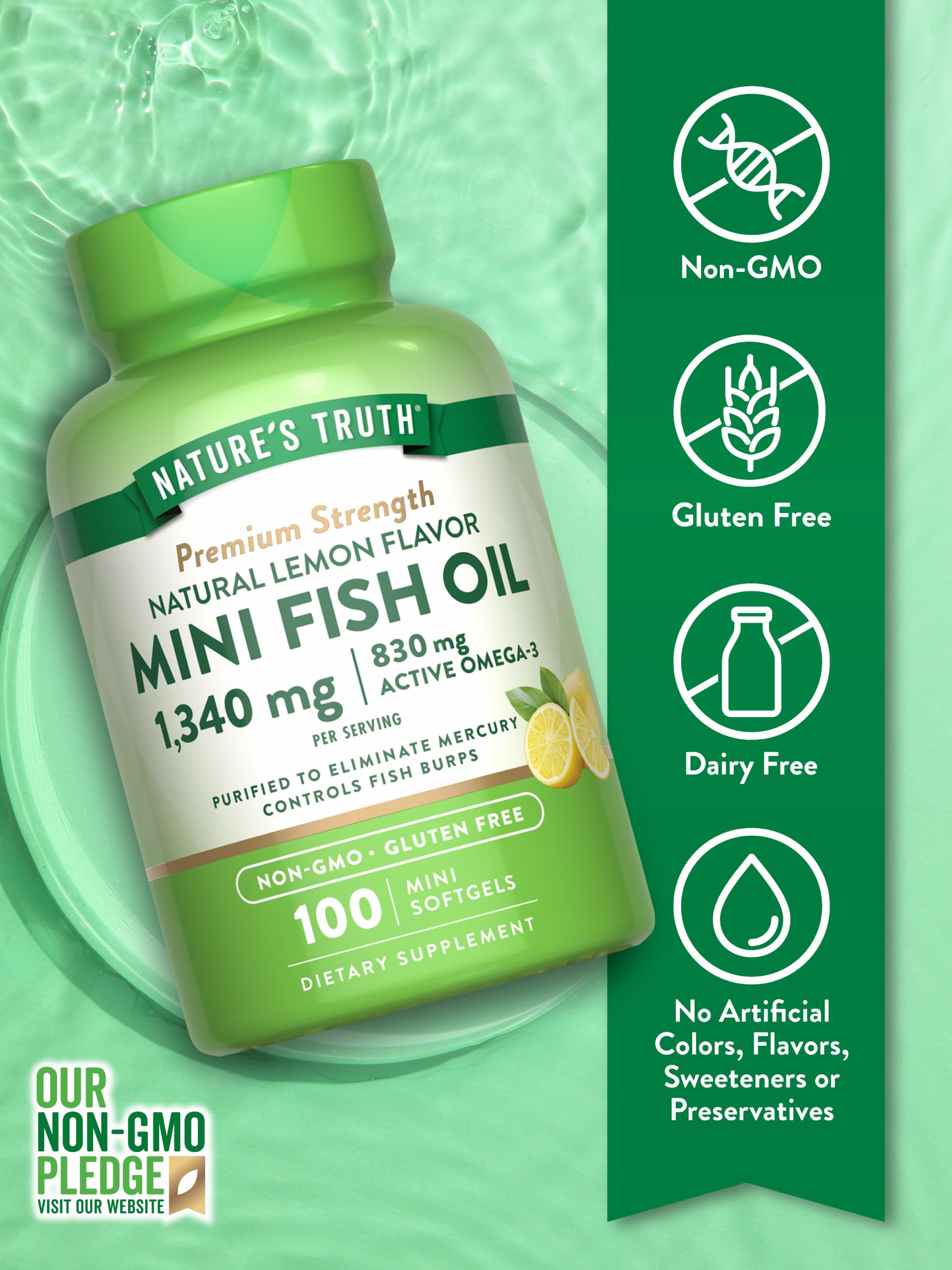 Nature's Truth Mini Fish Oil Omega 3 | 1340 mg | 100 Softgels | Burpless Lemon Flavor | Non-GMO & Gluten Free Supplement