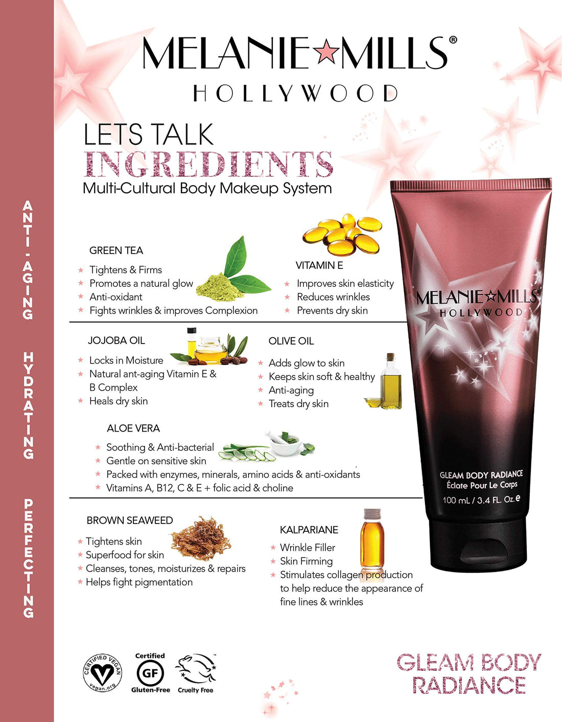 Melanie Mills Hollywood Gleam Body Radiance All In One Makeup, Moisturizer & Glow For Face & Body - Bronze Gold, 3.4 fl.oz.