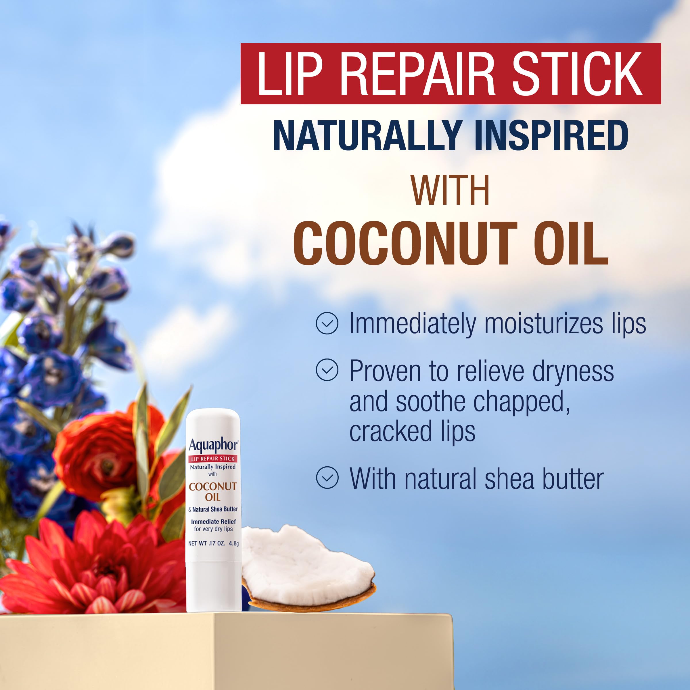 Aquaphor Naturally Inspired Lip Repair Stick with Coconut Oil and Natural Shea Butter, Hydrating Lip Balm Stick Immediately Relieves Dryness and Soothes Chapped Lips, 0.17 Oz Stick, Pack of 3