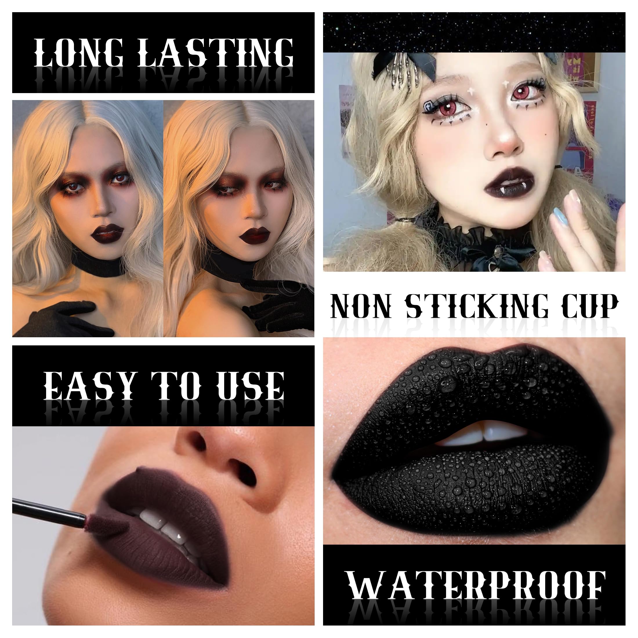 VANERIA Goth Lipstick,Black Lip Stain,Long Lasting High Impact Color,Matte Liquid Lipstick,Moisturize Lips,Smudge Proof (Ink Black)