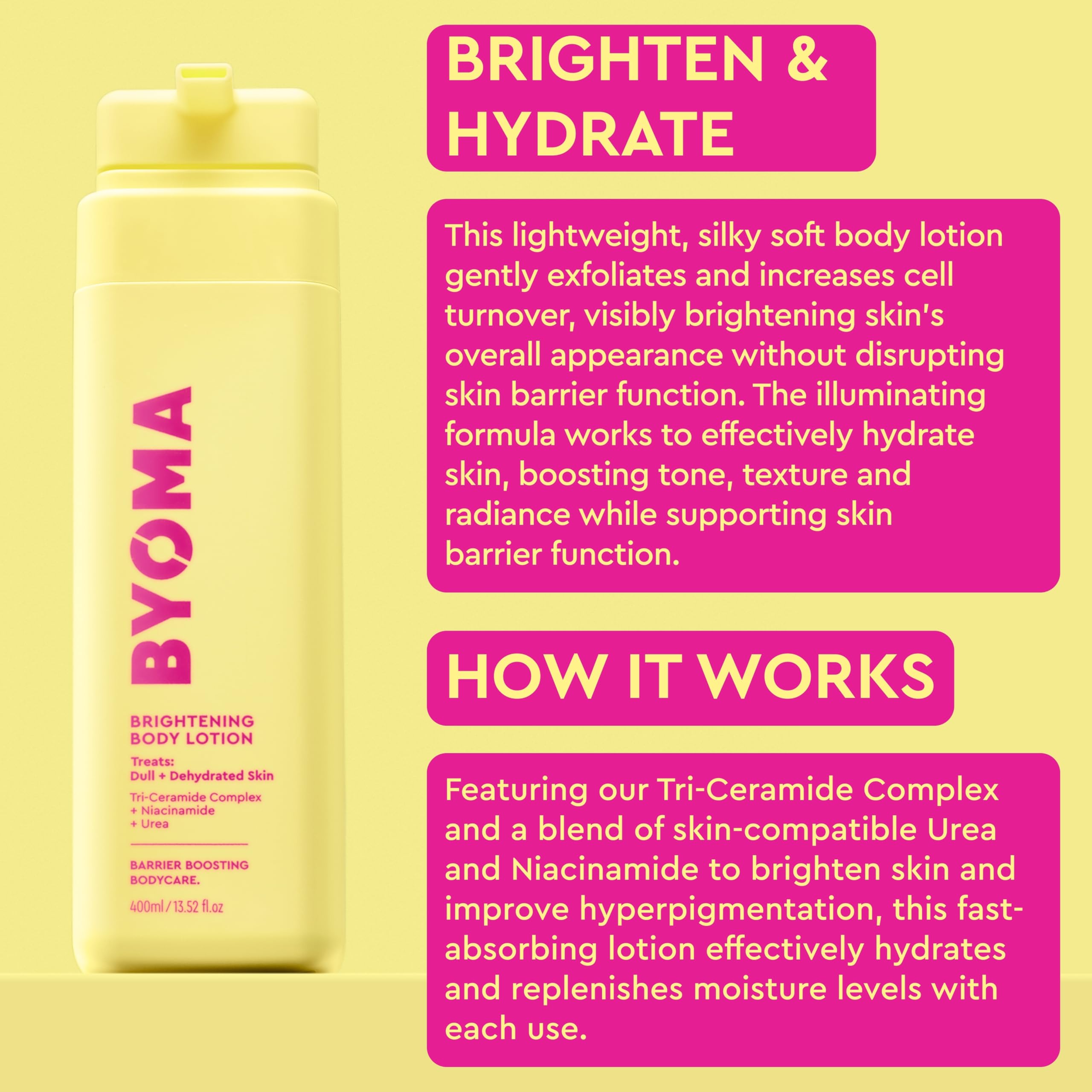 BYOMA Brightening Body Lotion - For Dull, Dehydrated Skin - Creamy Body Moisturizer with Niacinamide & Azelaic Acid - Brightens & Evens Skin Tone - Skin Barrier Repair - 16.9 fl oz