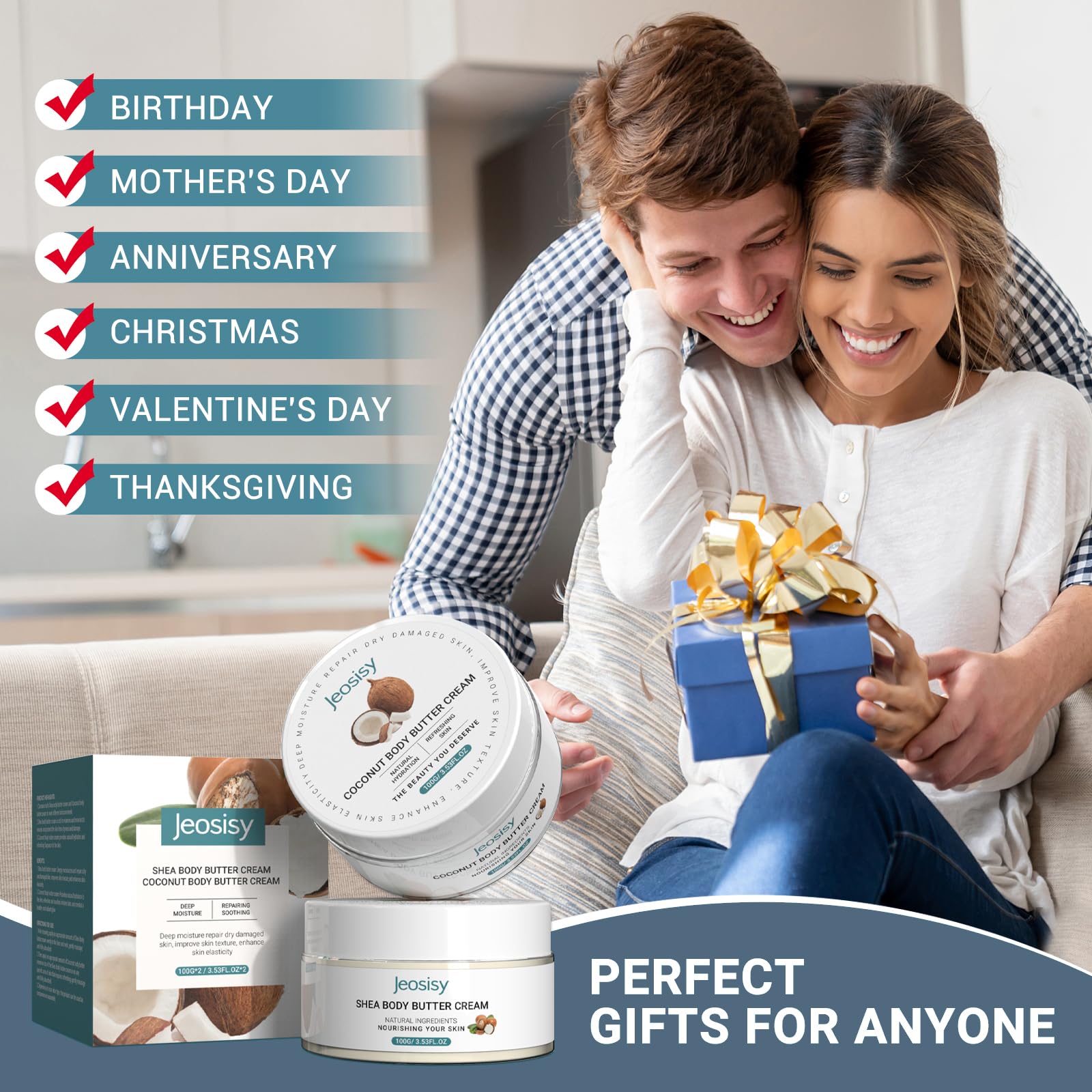 jeosisy Body Butter Set of 2 - Coconut Butter & Shea Butter for Dry Skin, After Sun Hydrating Nourishing Soothe Skincare Coconut Oil Moisturizing Gift for Women Girl Natural Scent,3.53oz*2