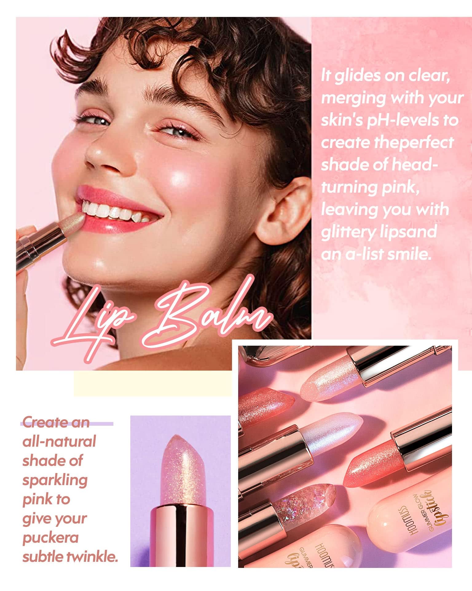 HOOMUSS Tinted Lip Balm Flower Lipstick Tinted Lip Gloss Long Lasting PH Lipstick, Color Changing Lipstick Natural Chapstick, Glitter Pink Shade Lipstick, Red Flower