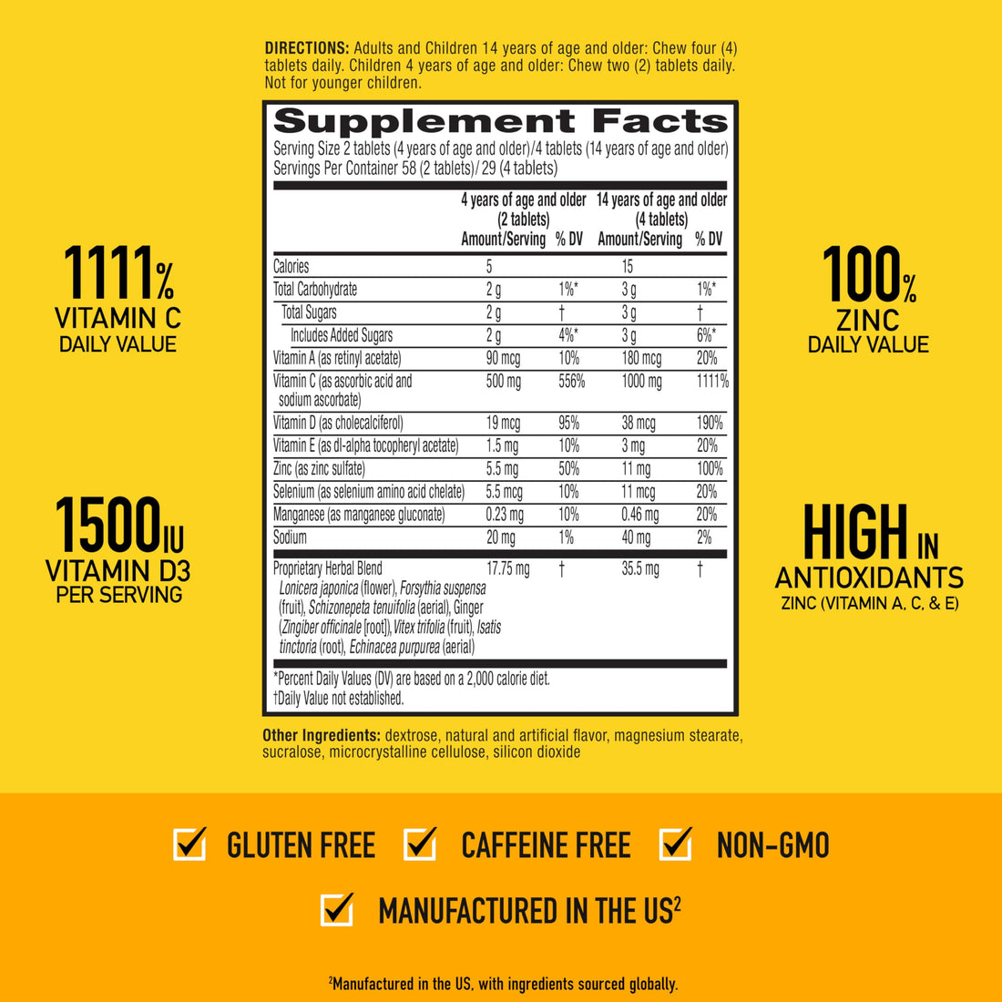Airborne 1000mg Vitamin C with Vitamin D & Zinc, Multivitamin Immune Support Supplement, Antioxidants Vitamins A C & Vitamin E, 116 Chewable Tablets, Citrus Flavor