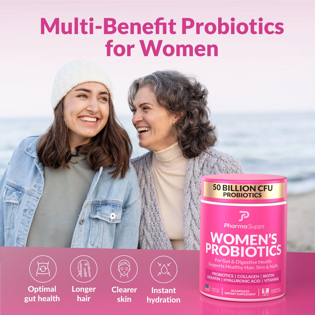 Advanced Women's Probiotics for Gut Health with Hair, Skin, & Nails Vitamins Support - 50 Billion CFU w/Collagen, Biotin & Keratin - Probiotic Supplement for Digestive Health & Bloating Relief.