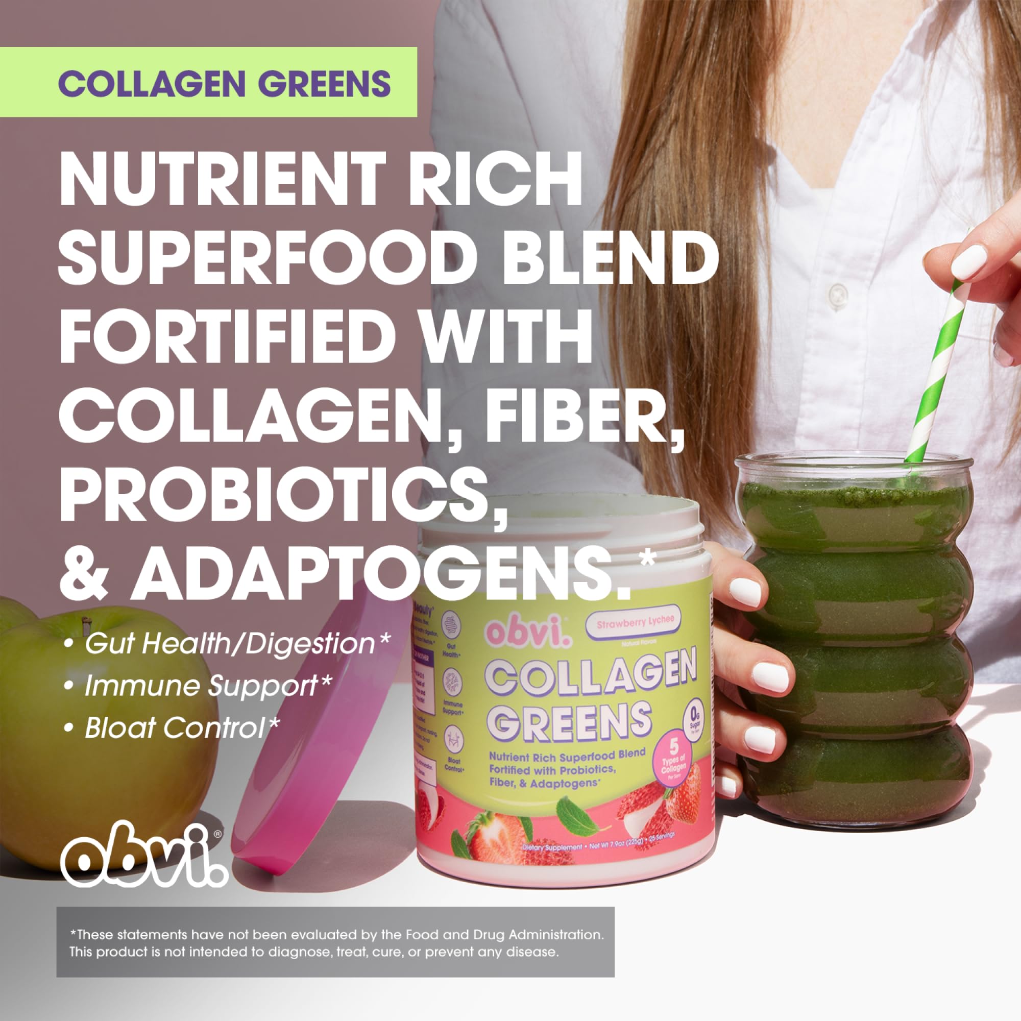 Obvi Collagen Greens | Organic Greens Superfood Powder with Collagen Peptides | Probiotics for Gut Health, Skin, Hair, Nails | Gluten-Free, Zero Sugar | Strawberry Lychee Flavor, 25 Servings