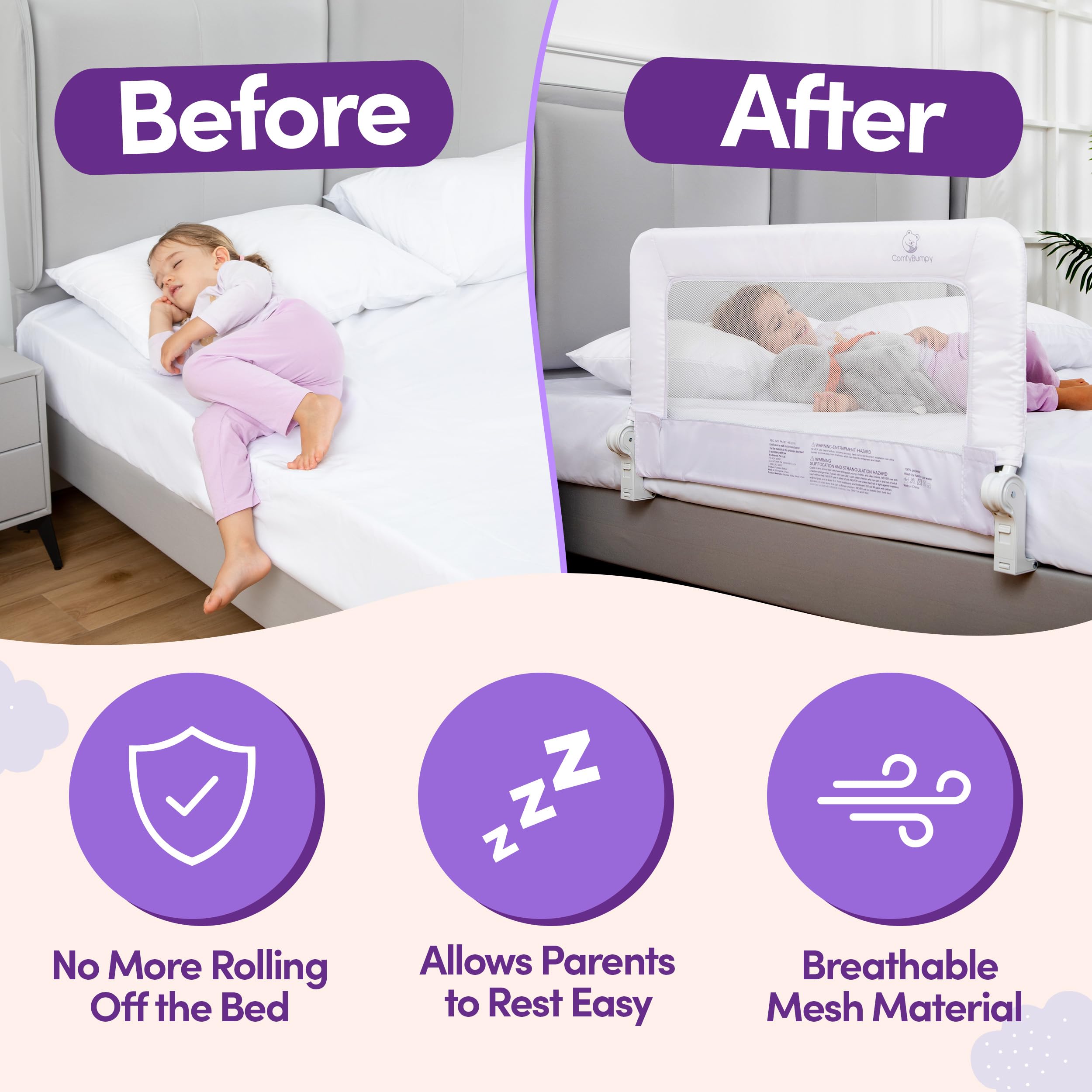 ComfyBumpy Toddler Bed Rail Guard | Bed Rails for Kids, Twin, Full, Queen & King Size Bed - Adjustable Bed Rail for Toddlers - Swing Down Baby Bed Side Rail - White, Regular (35.5 x 19.5)