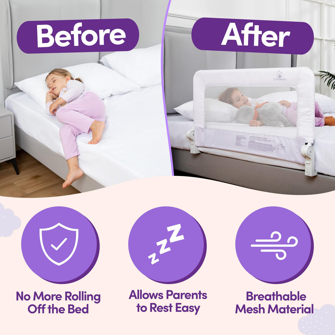 ComfyBumpy Toddler Bed Rail Guard | Bed Rails for Kids, Twin, Full, Queen & King Size Bed - Adjustable Bed Rail for Toddlers - Swing Down Baby Bed Side Rail - White, Regular (35.5 x 19.5)