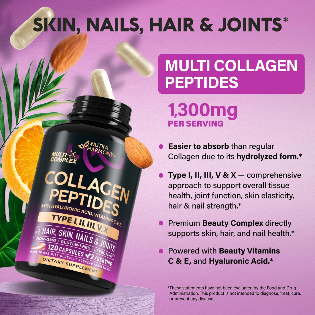 Multi Collagen Peptides - Hydrolyzed Types I, II, III, V & X - Collagen Supplement for Women 1300mg - w/ Hyaluronic Acid, Vitamins C & E - Skin, Hair, Nails & Joint Support - Made in USA, 120 Capsules