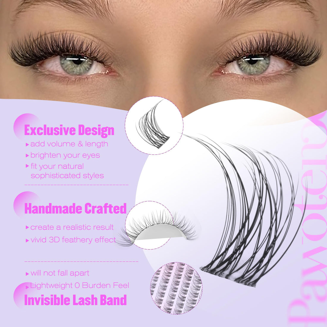 Pawotence Wispy Lash Clusters Natural Eyelash Clusters Invisible Band Individual Lashes 8-16mm Cluster Lashes Extension DIY Soft Comfortable False Eyelashes Cluster Natural Look