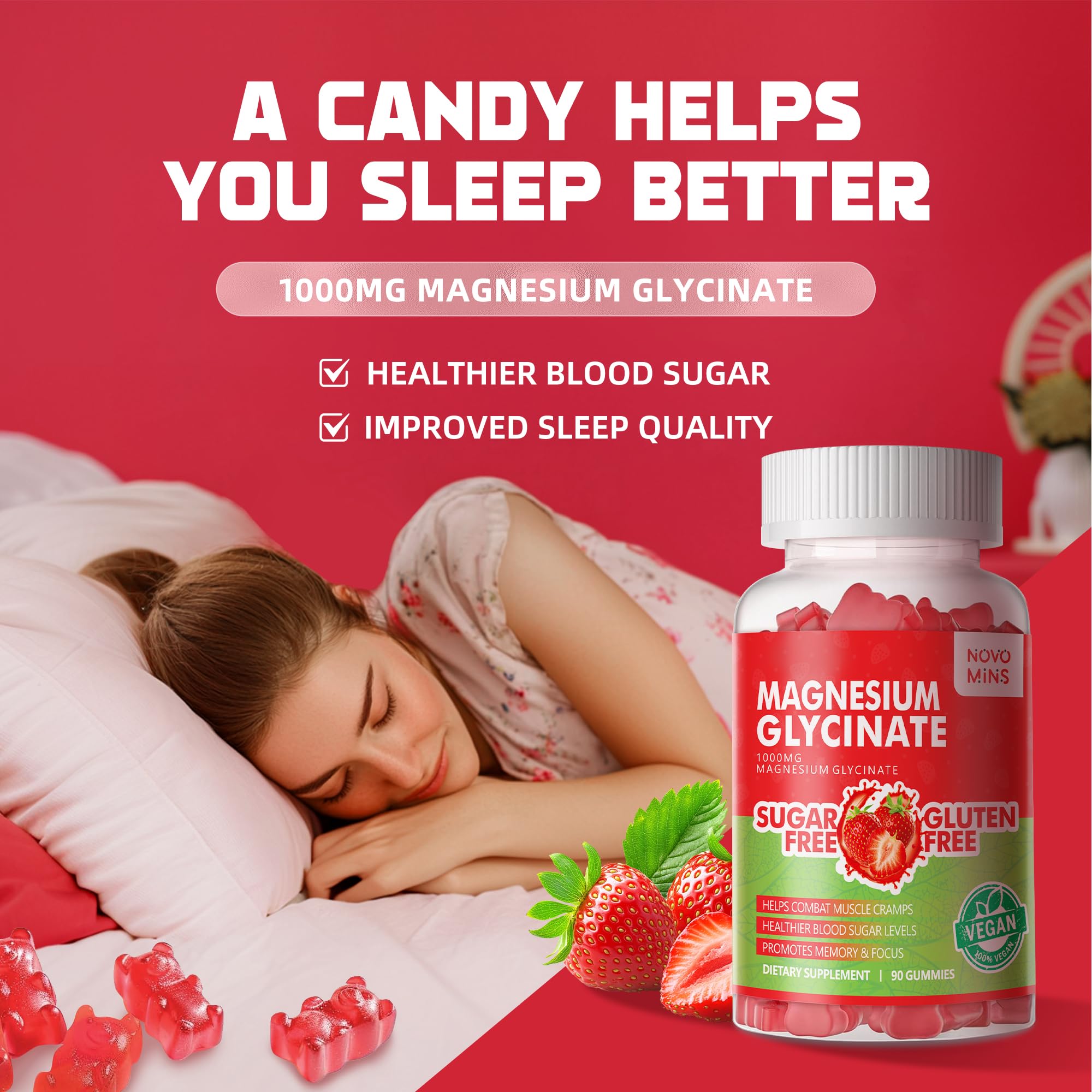 90 CT Magnesium Glycinate Gummies - Sugar Free Magnesium Potassium Supplement with Vitamin D, B6, CoQ10 for Calm Mood & Sleep Support - 90 Strawberry Gummies