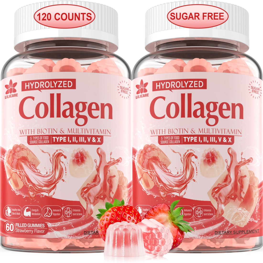 2Pack Sugar-Free Hydrolyzed Collagen Peptide Filled Gummies for Women & Men, with 1500mg Protein Type I,II,III,V,X, 5000mcg Biotin Vitamin C A E D3 B6 B12 for Immune Digestion Skin Hair Nails, Bone
