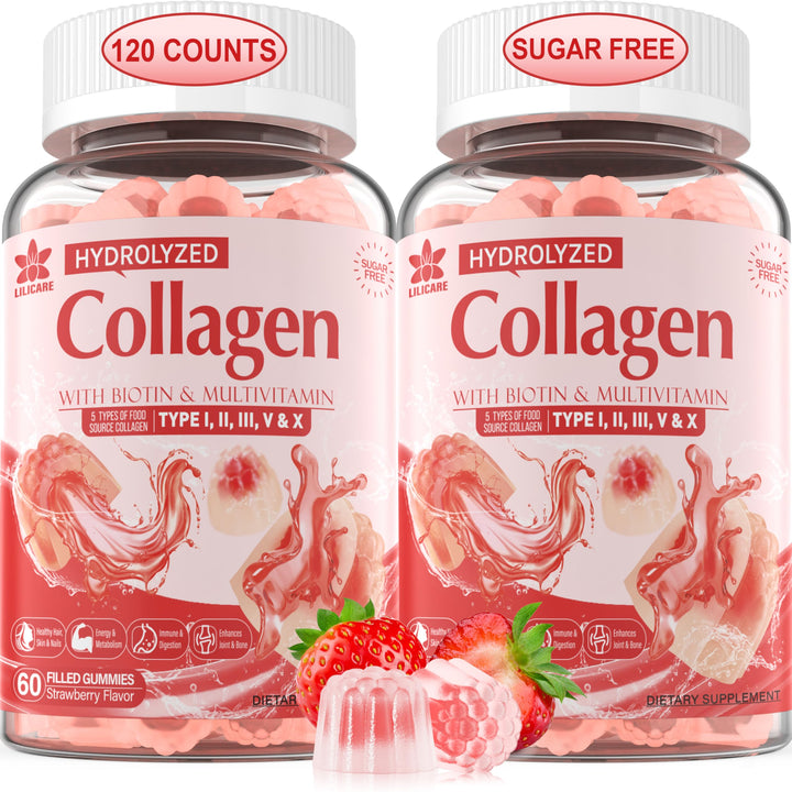 2Pack Sugar-Free Hydrolyzed Collagen Peptide Filled Gummies for Women & Men, with 1500mg Protein Type I,II,III,V,X, 5000mcg Biotin Vitamin C A E D3 B6 B12 for Immune Digestion Skin Hair Nails, Bone