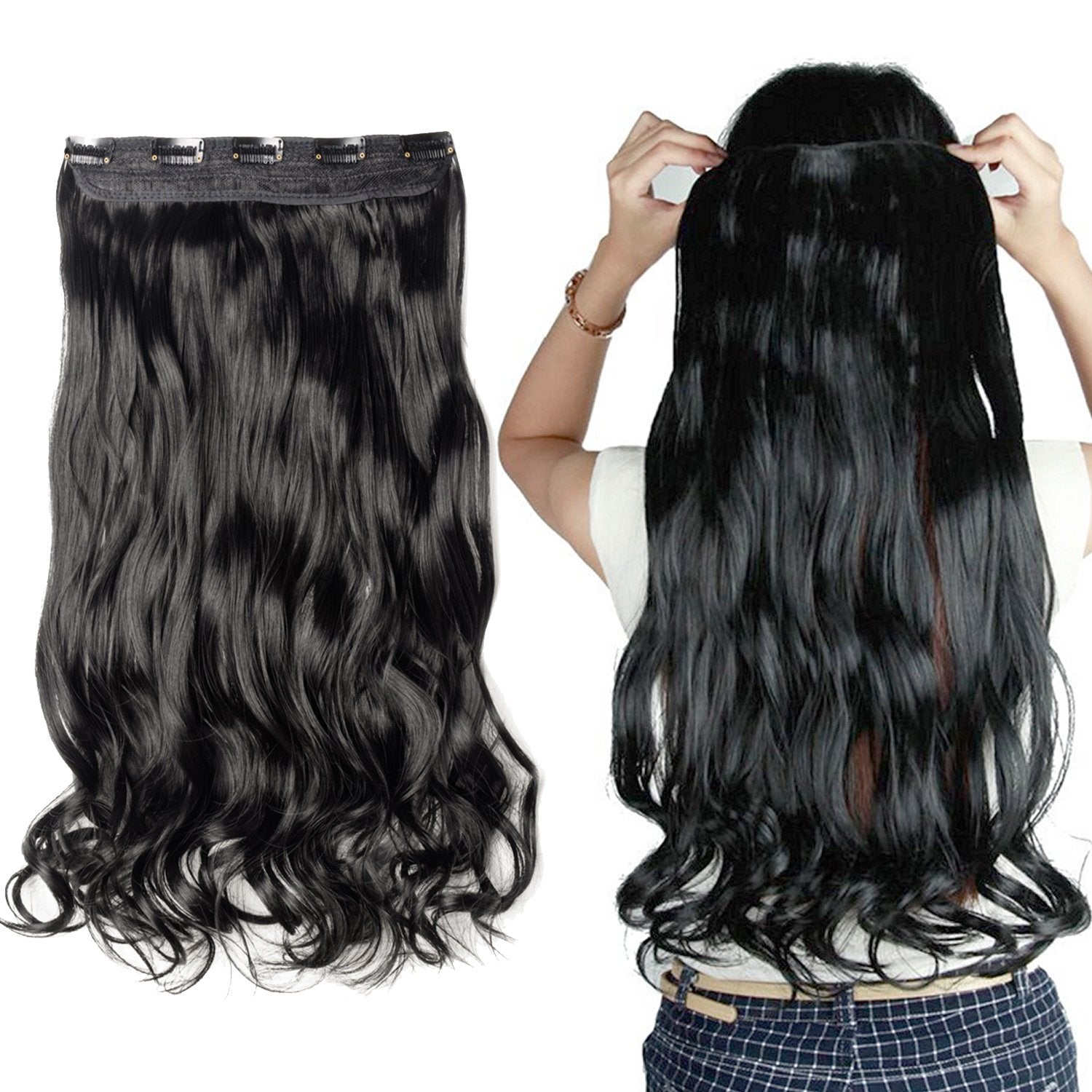 S-noilite Trendy 24/26 Straight Curly 3/4 Full Head One Piece 5clips Clip in Hair Extensions Long Poplar Style for Xmas Gifts (24 - Curly, dark black)