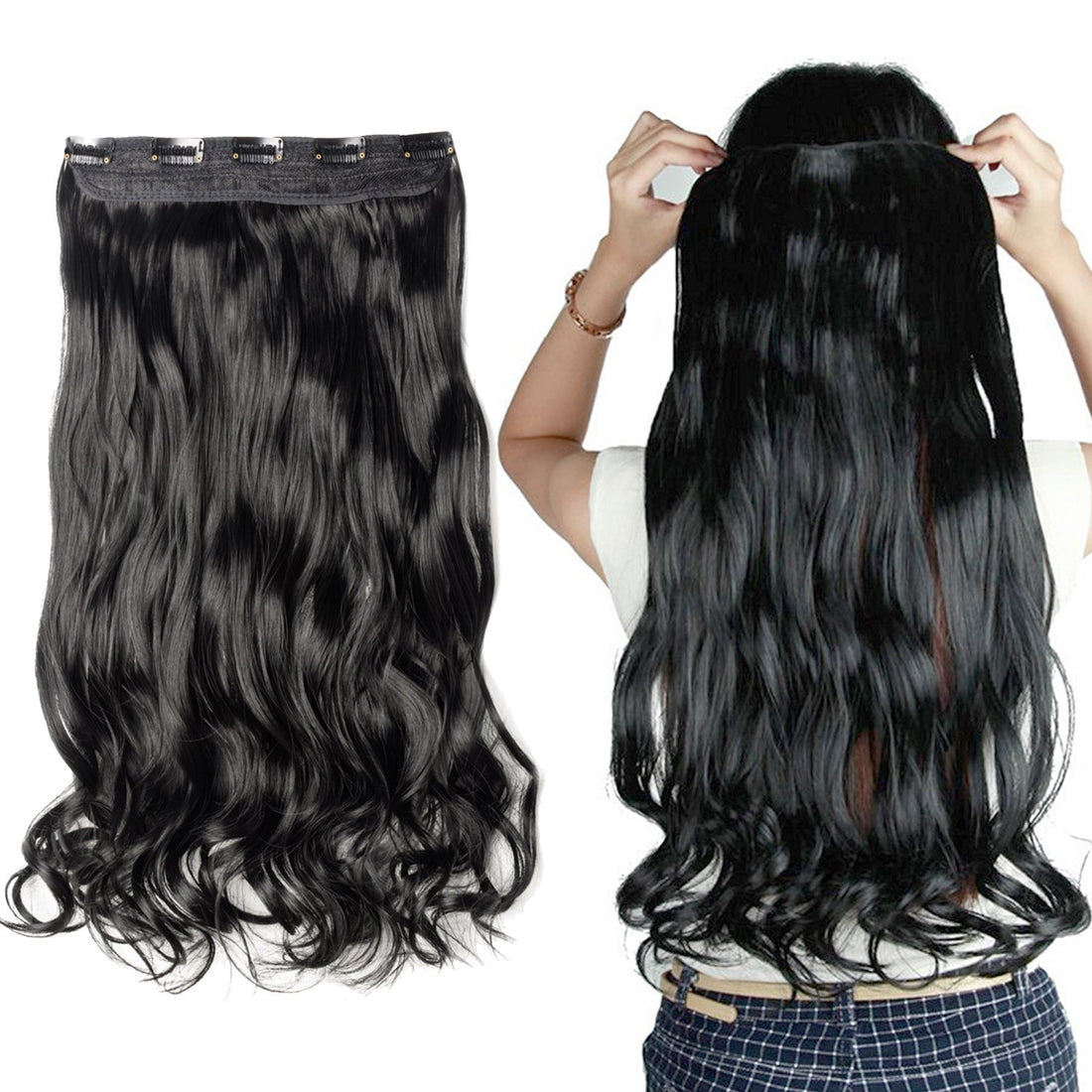 S-noilite Trendy 24/26 Straight Curly 3/4 Full Head One Piece 5clips Clip in Hair Extensions Long Poplar Style for Xmas Gifts (24 - Curly, dark black)