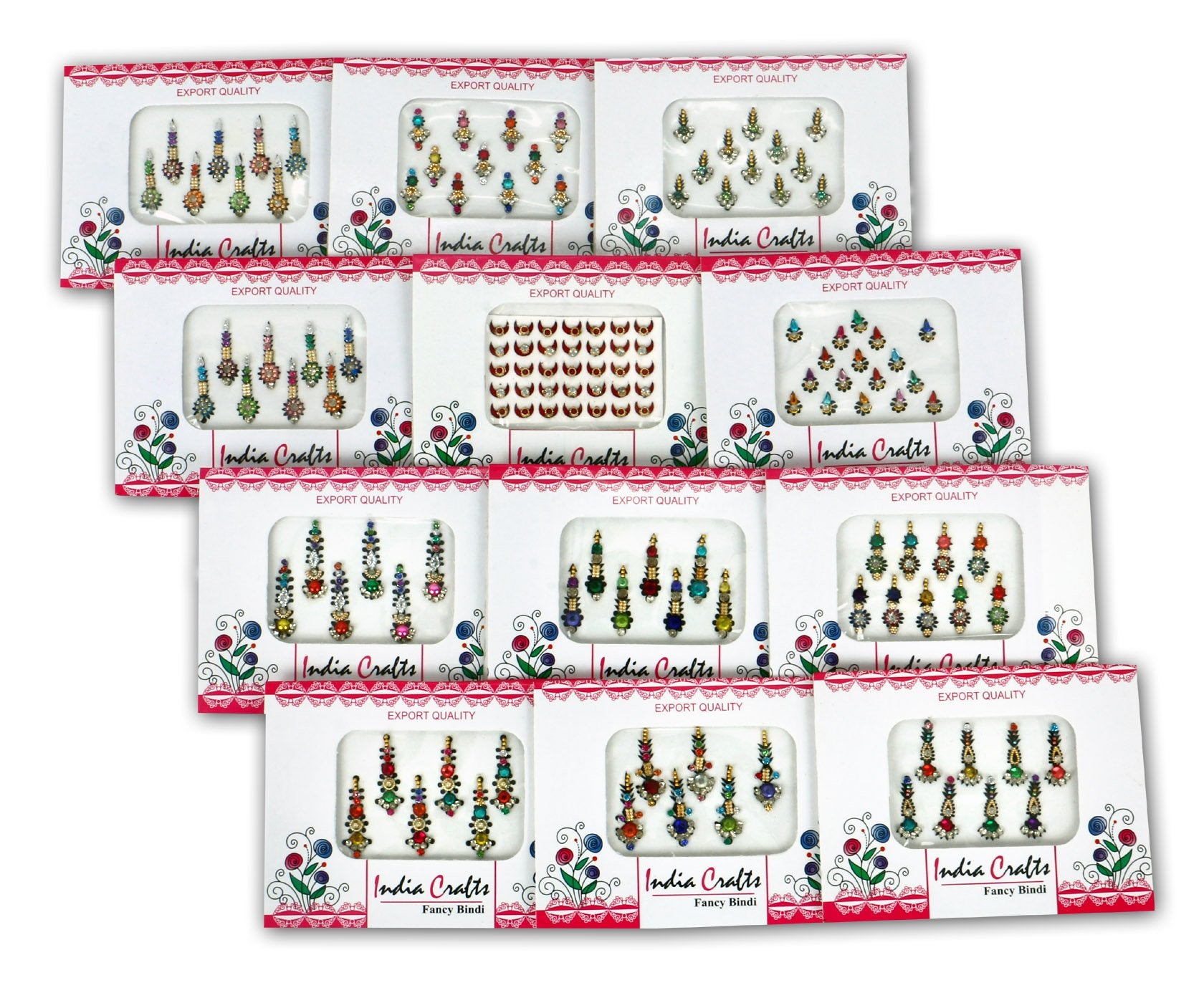 12 Packs : India Crafts 12 Packs- 120 Multicolored long Bindis Forehead Tika Face Jewels