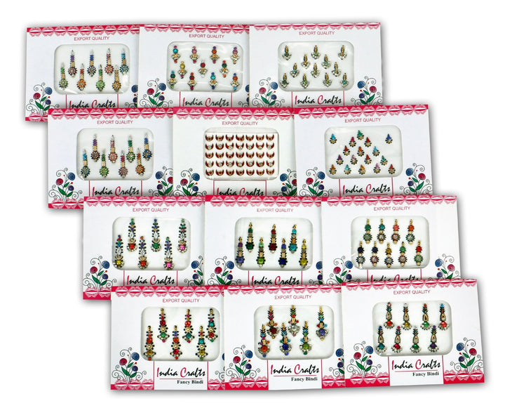 12 Packs : India Crafts 12 Packs- 120 Multicolored long Bindis Forehead Tika Face Jewels