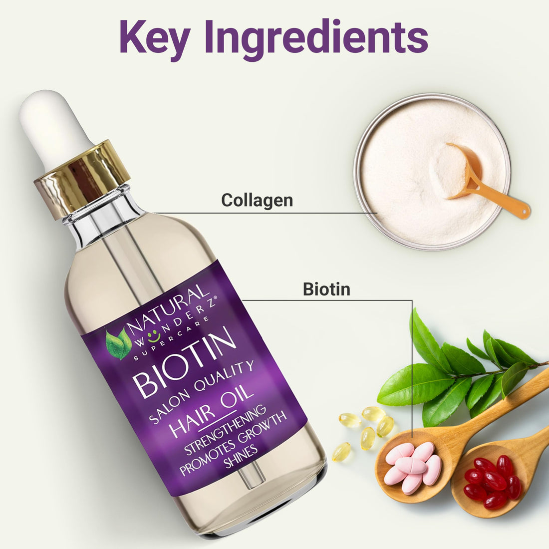 Natural Wunderz Biotin Hair Oil, Supports Hair Growth, Thickening Serum with Collagen and Vitamin B7, Moisturizing Scalp Treatment for Dry and Damaged Hair, Sulfate Free and Vegan Friendly, 4 Fl Oz