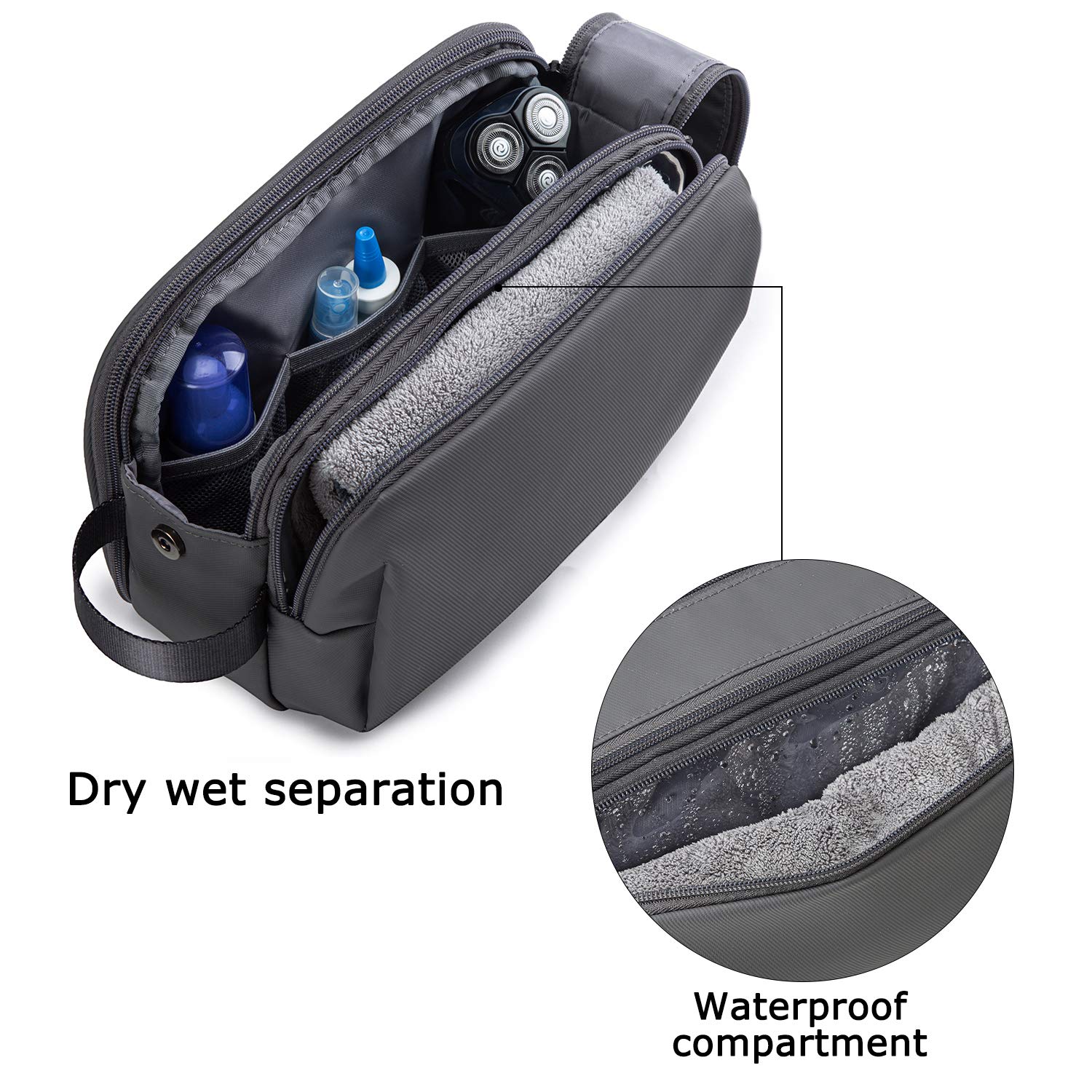 BAGSMART Toiletry Bag for Men, Travel Toiletry Organizer Dopp Kit Water-resistant Shaving Bag for Toiletries Accessories, Door Room Essentials,Grey-medium