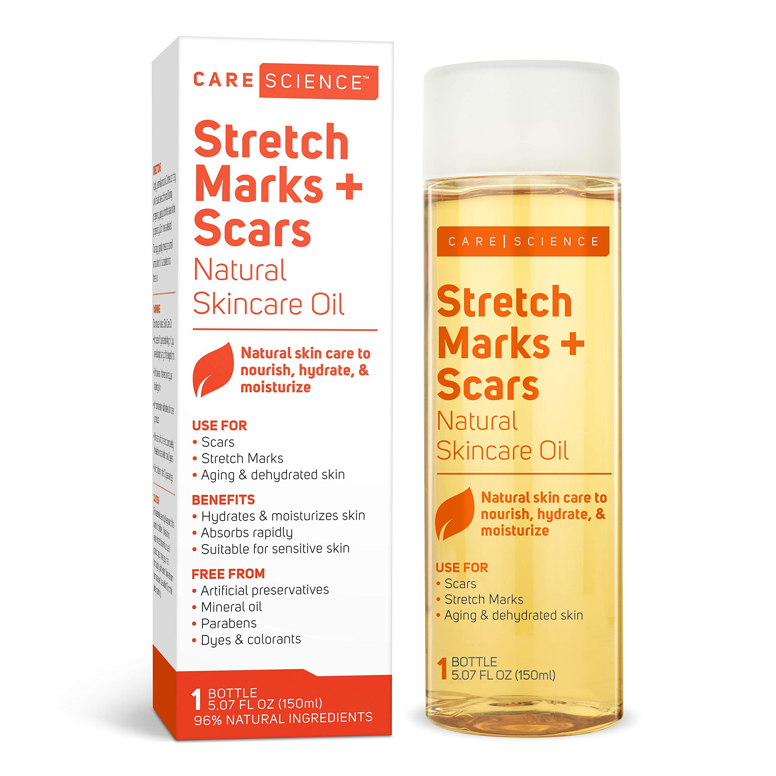 Care Science Stretch Marks + Scars Skin Care Body Oil, 5 OZ | For C Section Recovery, Scars, Stretch Marks, Hair, Aging, Dehydrated Skin | Natural Ingredients, Vitamin E Oil, Olive Oil, Coconut Oil