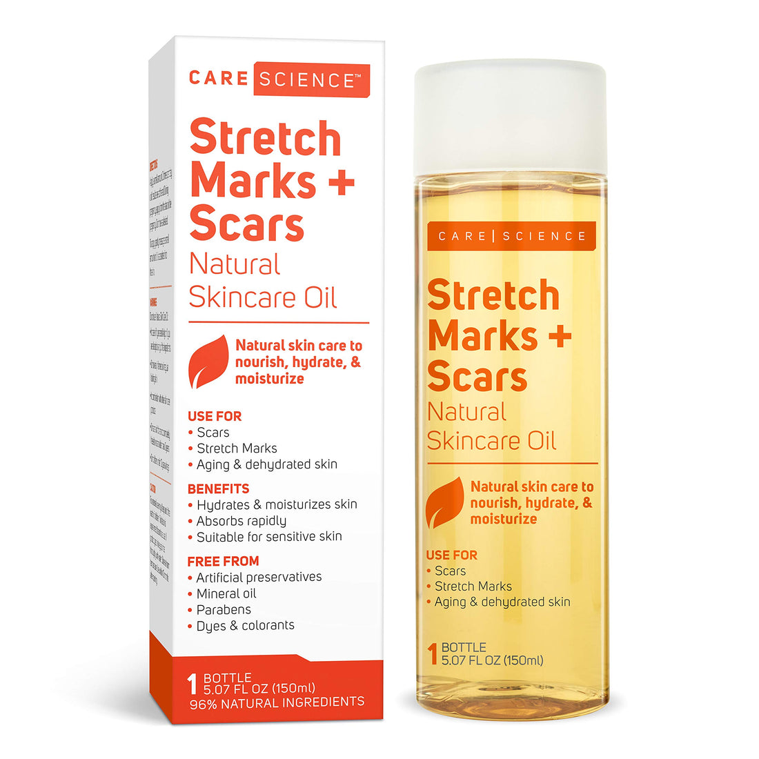 Care Science Stretch Marks + Scars Skin Care Body Oil, 5 OZ | For C Section Recovery, Scars, Stretch Marks, Hair, Aging, Dehydrated Skin | Natural Ingredients, Vitamin E Oil, Olive Oil, Coconut Oil