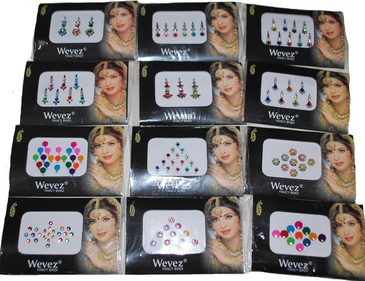 12 Gold,Silver, Multi Color Bollywood Head Bindi Tattoo Body Glitter