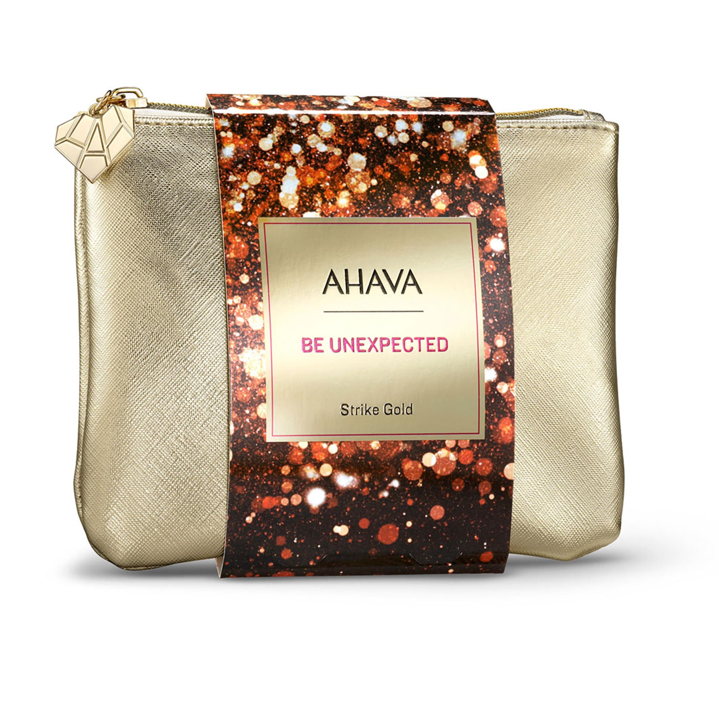 AHAVA Strike Gold Gift Set, Includes Hyaluronic Acid 24/7 Cream 0.48 Fl.Oz, Mineral Hand Cream Vivid Burgundy 1.3 Fl.Oz & Single Use 24KGold Mineral Mud Mask 0.2 Fl.Oz, Enriched with Exclusive Dead Se