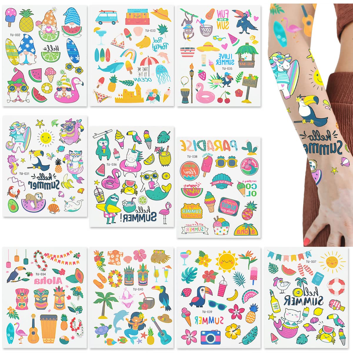 10 Sheets Hawaiian Temporary Tattoos Waterproof Hawaiian Themed Sticker with Palm Tree Pineapple Tropical Beach Party Supplies Summer Party Favors for Birthday Party Summer Decoration