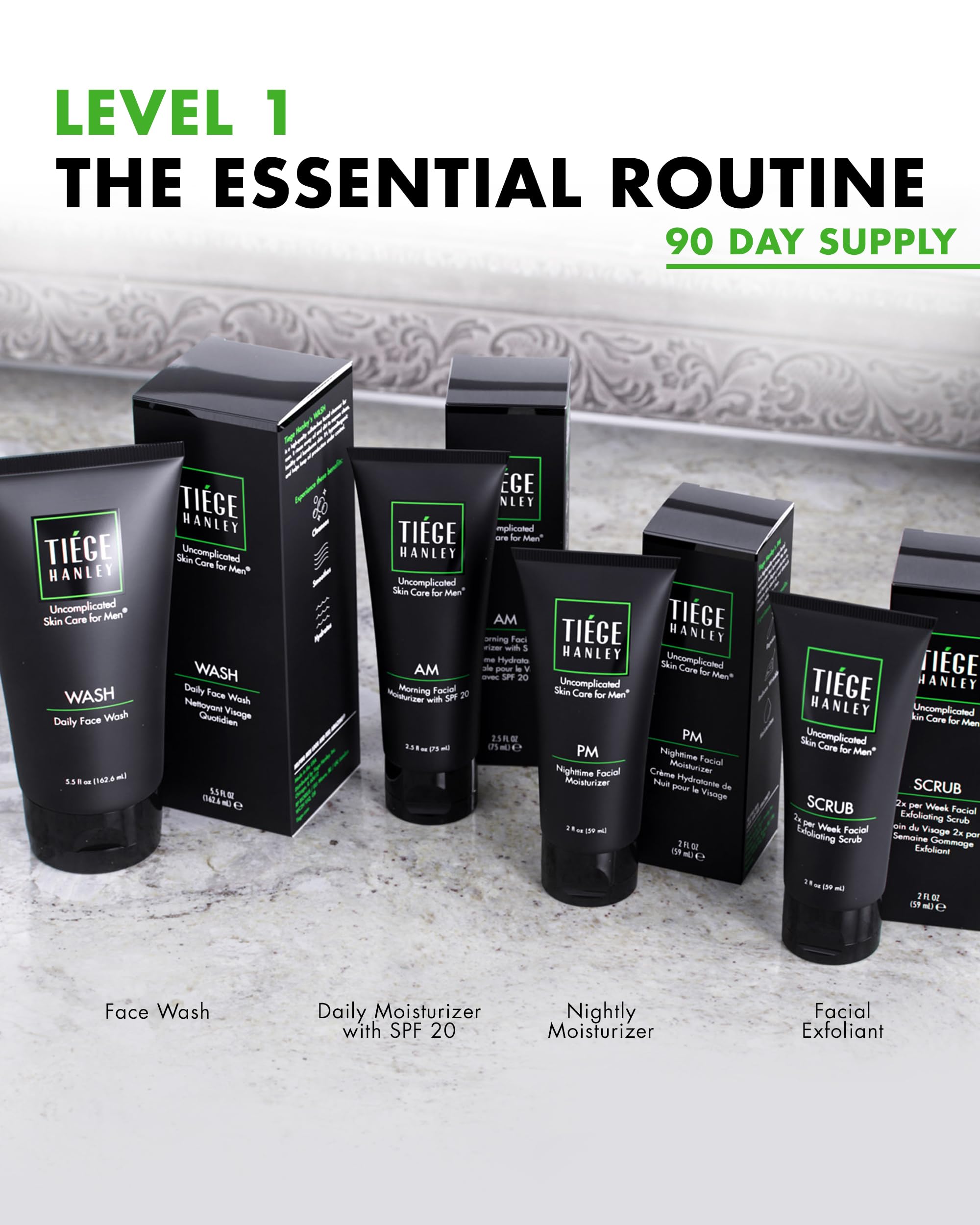 Tiege Hanley 90-Day Large Essential Skin Care Routine for Men (Level 1) - Smooth, hydrate, and protect your skin - Men's Skincare Set Includes Face Wash, Facial Scrub, & AM / PM Moisturizer's