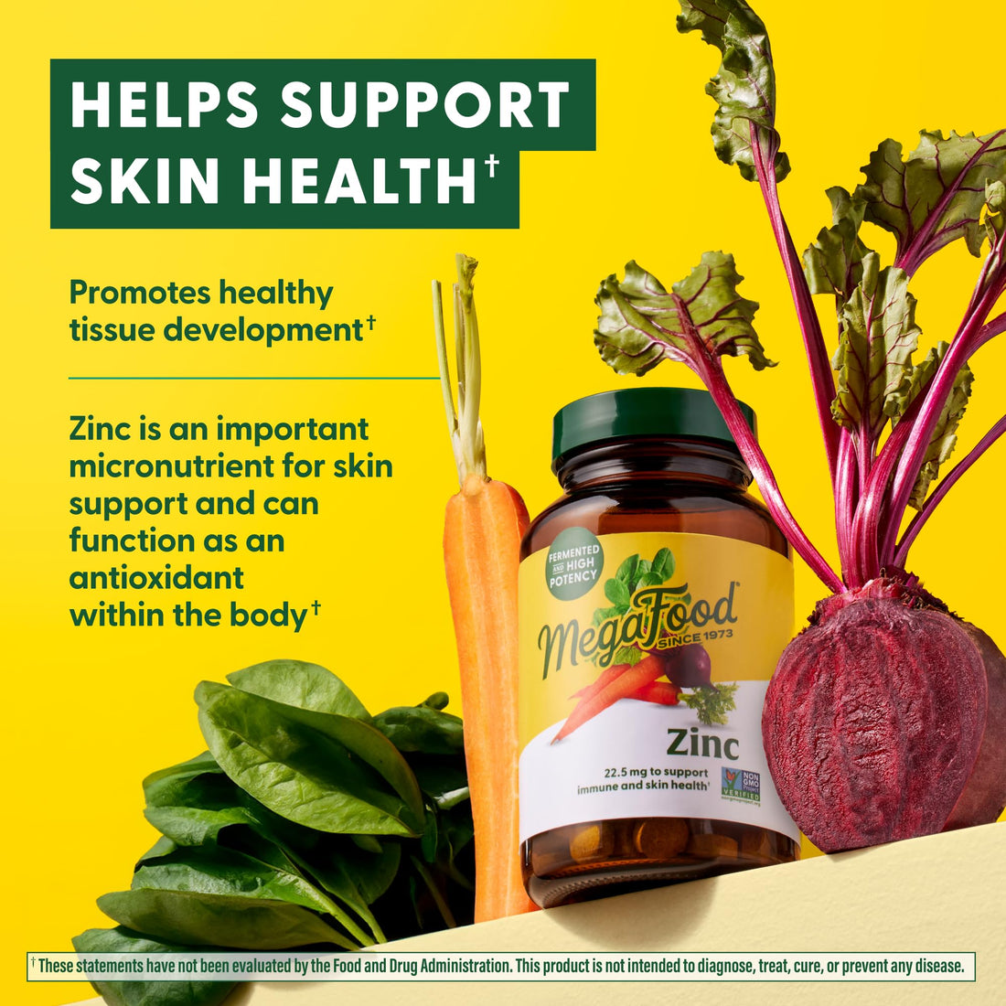 MegaFood Zinc Supplements - Vegan Immune Support Supplement with 22.5 mg High Potency Fermented Zinc - Made with Real Food - Gluten-Free, Kosher - 120 Tablets, 120 Servings