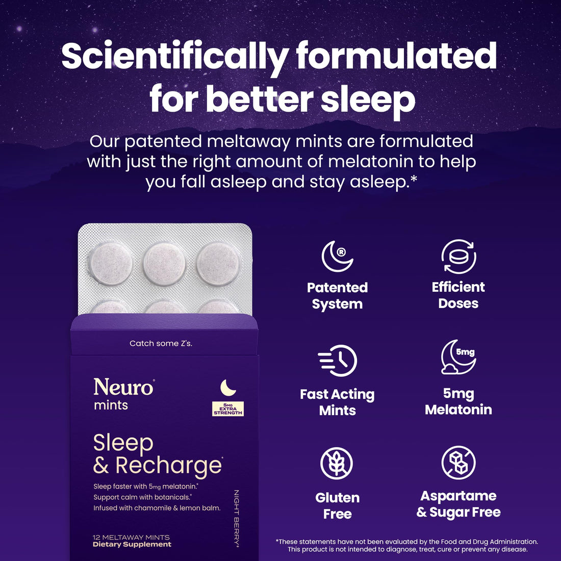 Neuro Melatonin 5mg Sleep & Recharge Mints (72 Pieces) - Fast Dissolve Melatonin Sugar Free Mints with Lemon Balm & Chamomile for Better Sleep - Calm Sleep Supplement for Adults - Night Berry Flavor