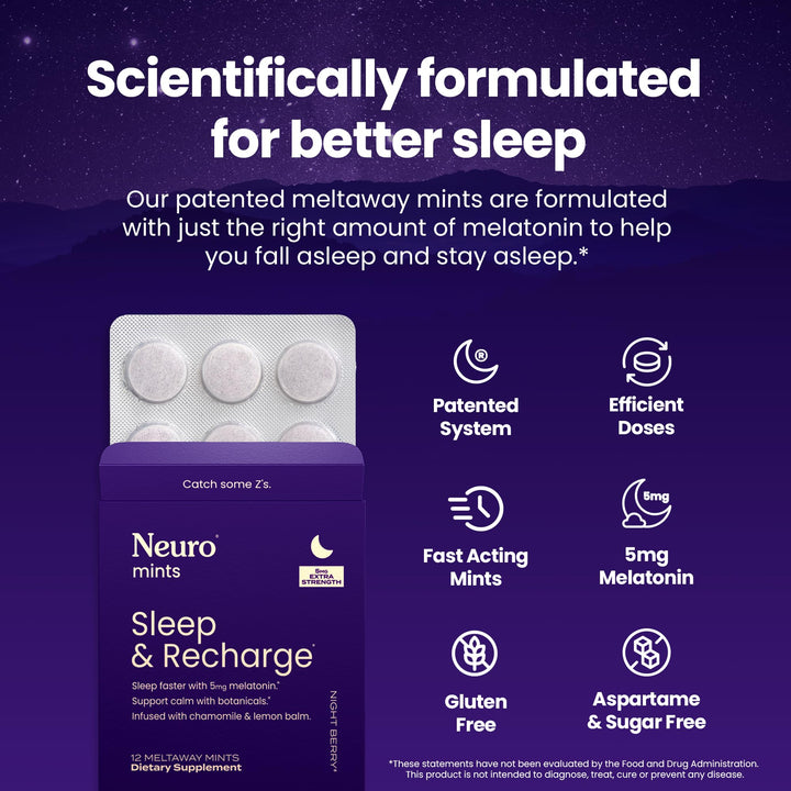 Neuro Melatonin 5mg Sleep & Recharge Mints (72 Pieces) - Fast Dissolve Melatonin Sugar Free Mints with Lemon Balm & Chamomile for Better Sleep - Calm Sleep Supplement for Adults - Night Berry Flavor