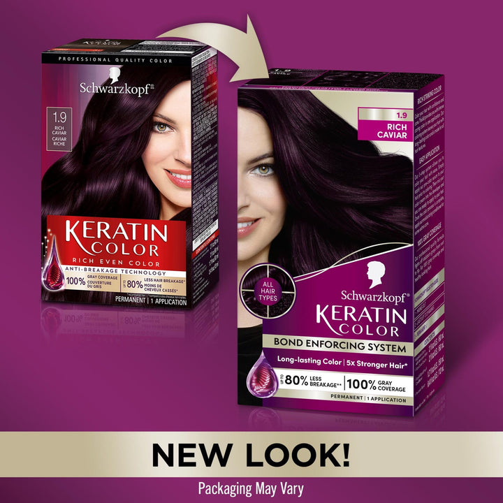 Schwarzkopf Keratin Color Permanent Hair Color, 1.9 Rich Caviar, 1 Application - Professionally Inspired Permanent Hair Dye, for up to 80% Less Breakage vs Untreated Hair and up to 100% Gray Coverage