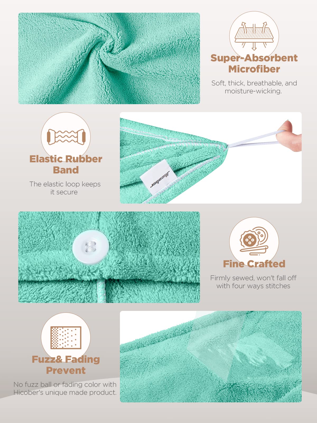 Hicober Microfiber Towel, Turbans for Wet Hair, Drying Wrap Towels for Curly Hair Women Towel Wrap for Kids-Purple,Green,Grey-Pack of 3