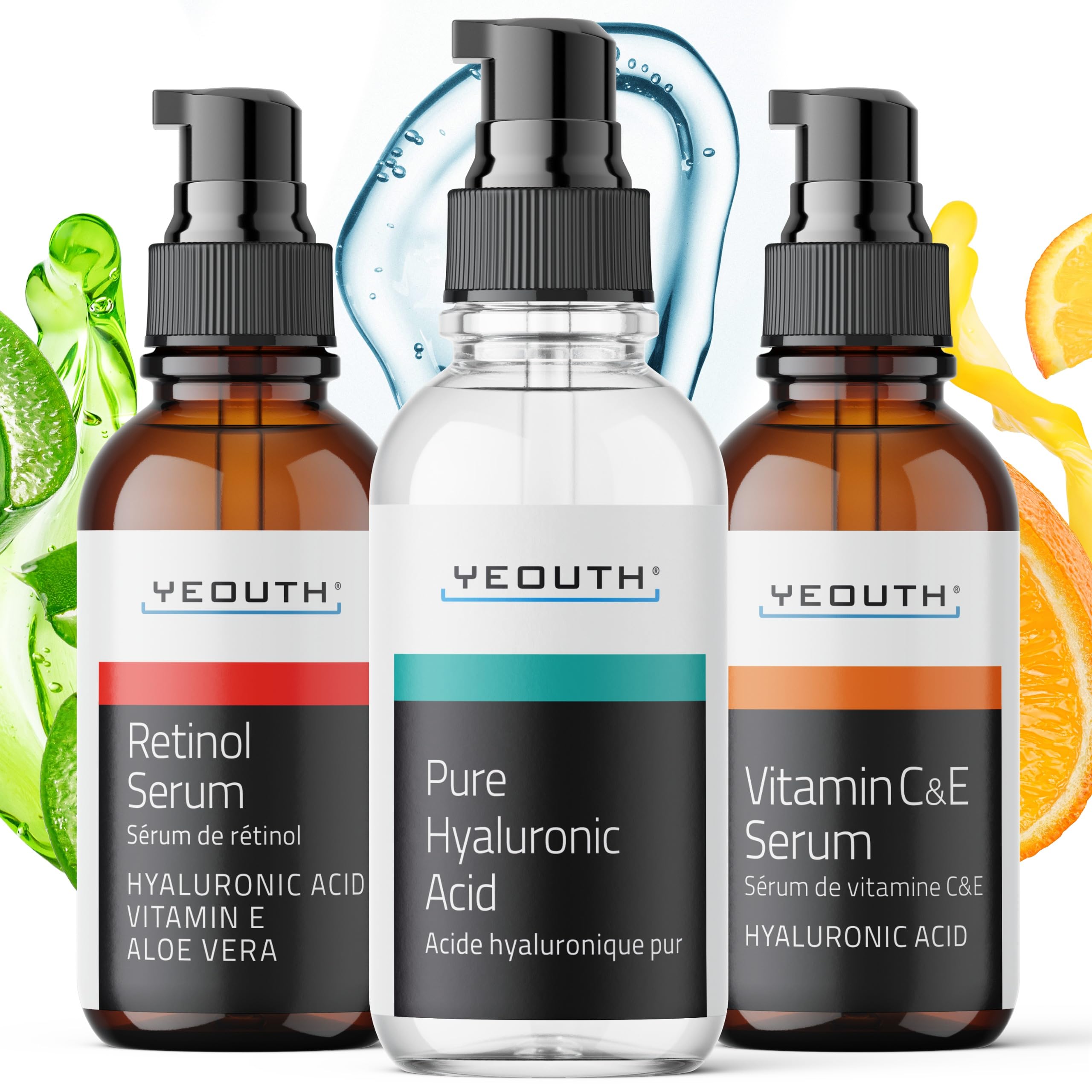 YEOUTH Skin Care Set: Hyaluronic Acid Serum for Face, Retinol Serum for Face and Vitamin C, Skincare Set Targets Appearance of Uneven Skin Tone and Dryness 3x1 oz