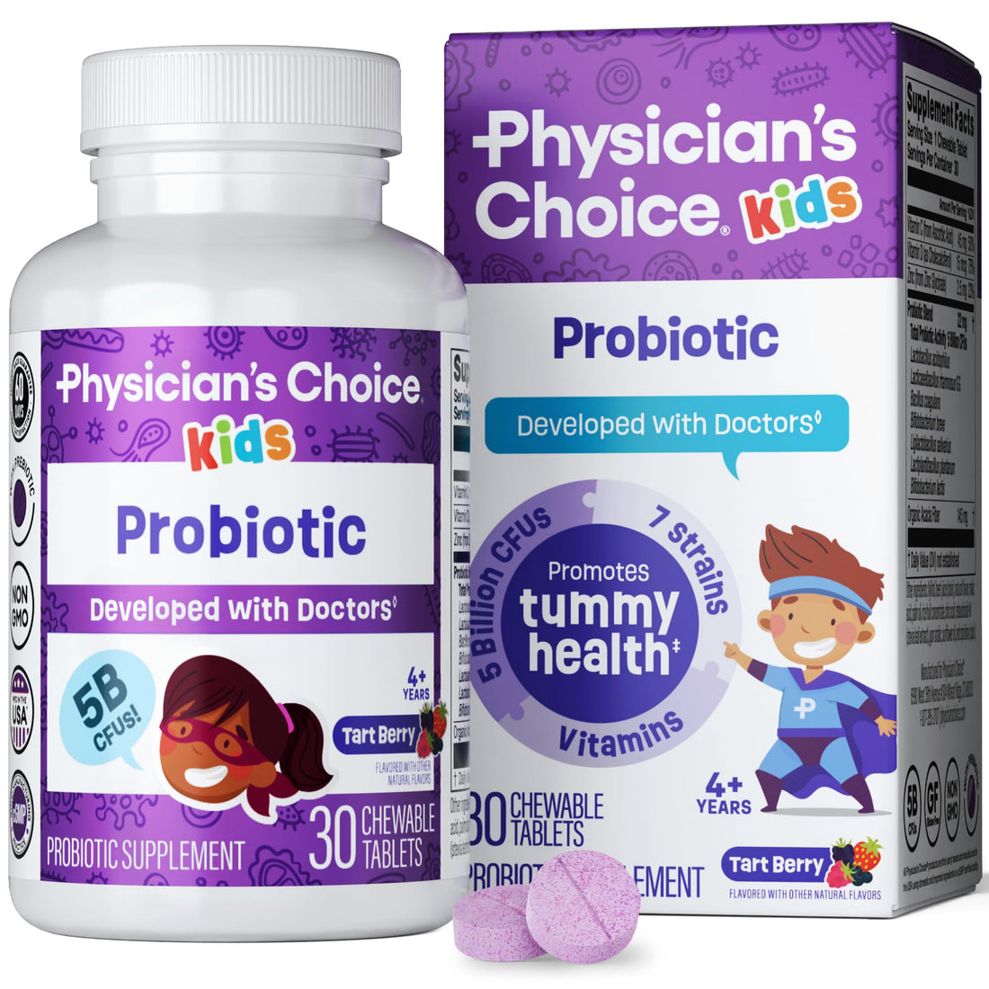 Physician's CHOICE Probiotics for Kids - 7 Diverse Strains, Organic Prebiotics, Vitamins & Minerals - Clinically Studied L. Rhamnosus GG - Immune & Digestive Support - No Sugar or Artificial Dyes