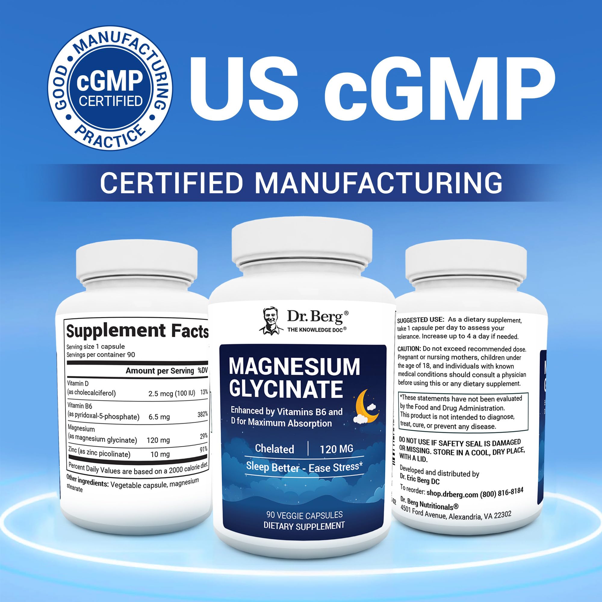 Dr. Berg Magnesium Glycinate with Vitamin D, B6 & Zinc for Stress Relief, Calm, Relaxation, & Good Sleep* - 120 mg Per Magnesium Bisglycinate Capsule - Chelated Magnesium Glycinate - 90 Caps