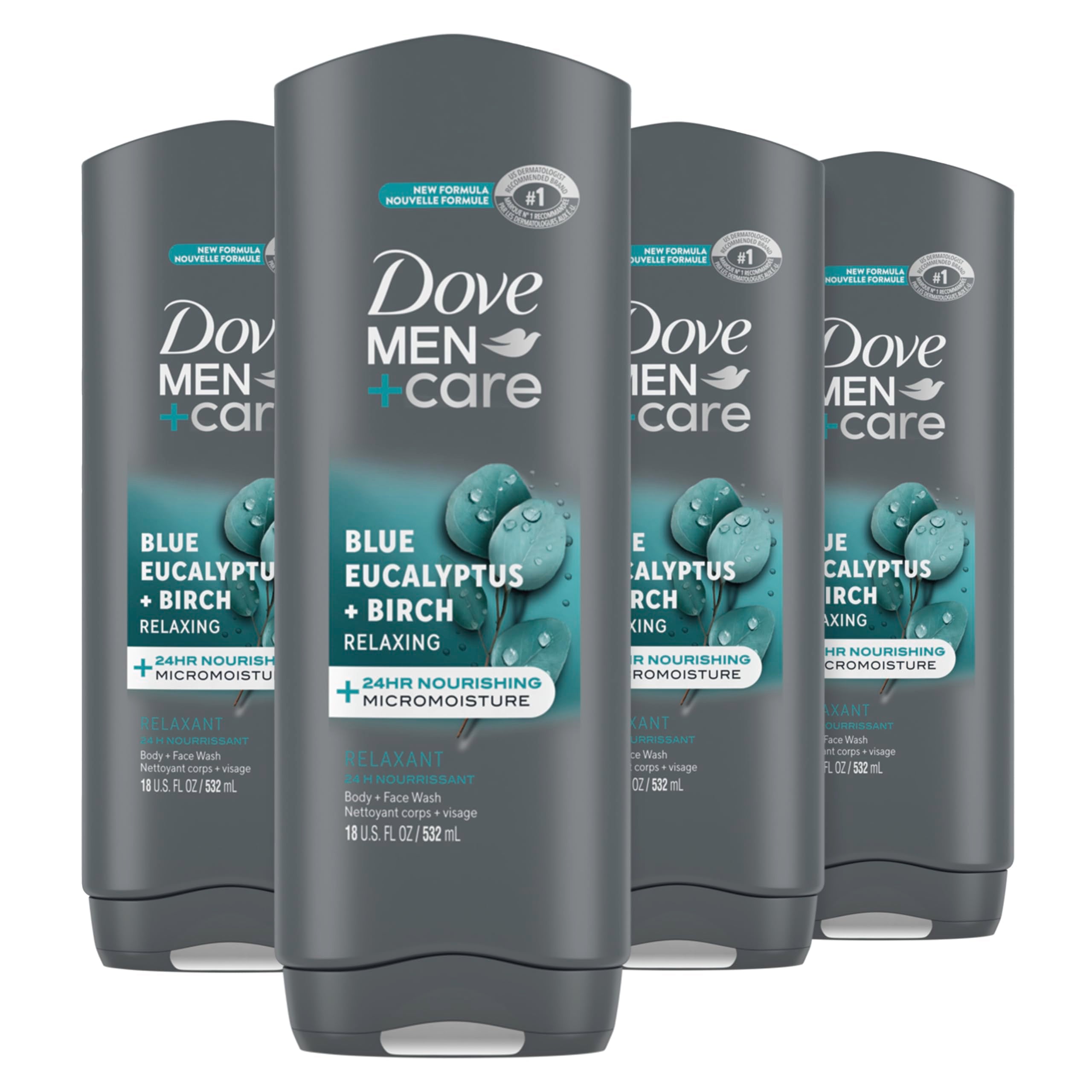 Dove Men+Care Mens Body Wash Dry Skin Body Wash with Micromoisture, Blue Eucalyptus and Birch Effectively Washes Away Bacteria While Nourishing Your Skin 18 oz 4 Count