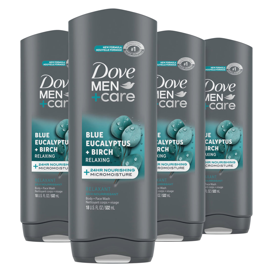 Dove Men+Care Mens Body Wash Dry Skin Body Wash with Micromoisture, Blue Eucalyptus and Birch Effectively Washes Away Bacteria While Nourishing Your Skin 18 oz 4 Count