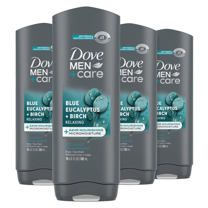 Dove Men+Care Mens Body Wash Dry Skin Body Wash with Micromoisture, Blue Eucalyptus and Birch Effectively Washes Away Bacteria While Nourishing Your Skin 18 oz 4 Count