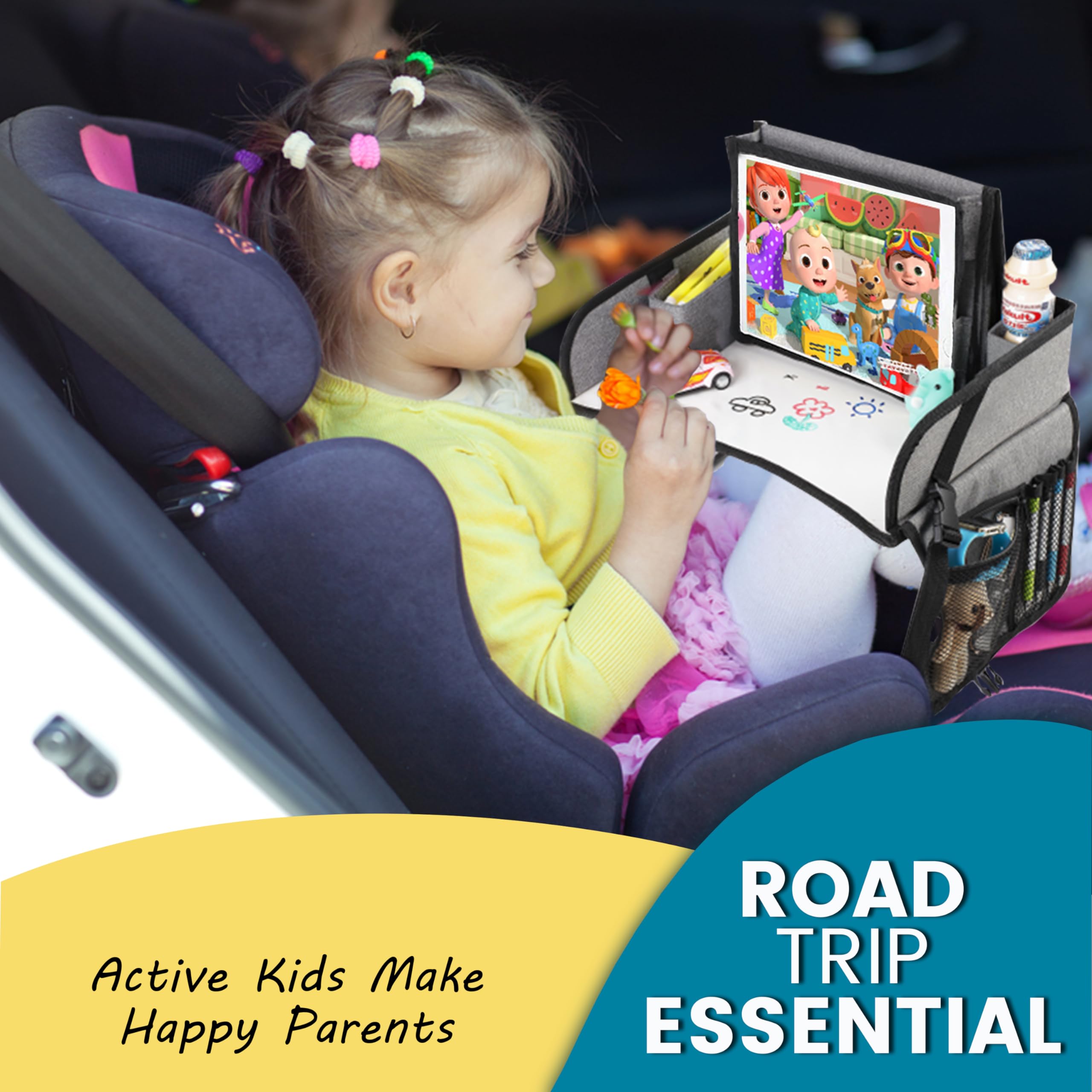 ZEAZU Kids Travel Tray - Foldable Toddler Lap Desk with Dry Erase Board, Car Seat Tray for Toddler, Waterproof Lap Tray for Airplane Kids Travel Essentials for Road Trip Activities, Silver