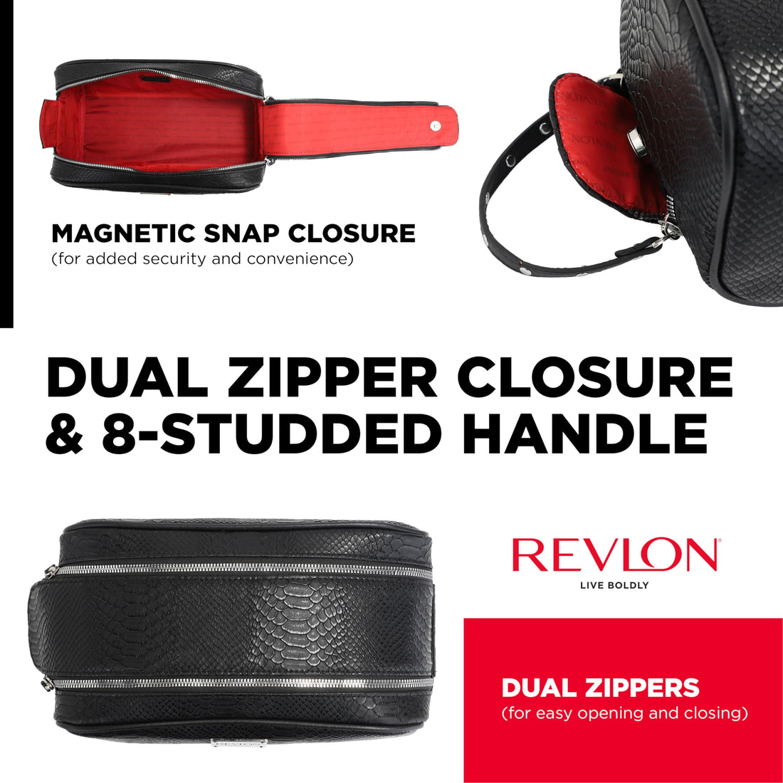 REVLON Croc Embossed Makeup Bag - Small Makeup Pouch, Travel Makeup Organizer with Two Zippers, Cosmetic Bag, Mini Makeup Case with Pockets - Gifts for Women, Ladies, or Teen Girls, Onyx