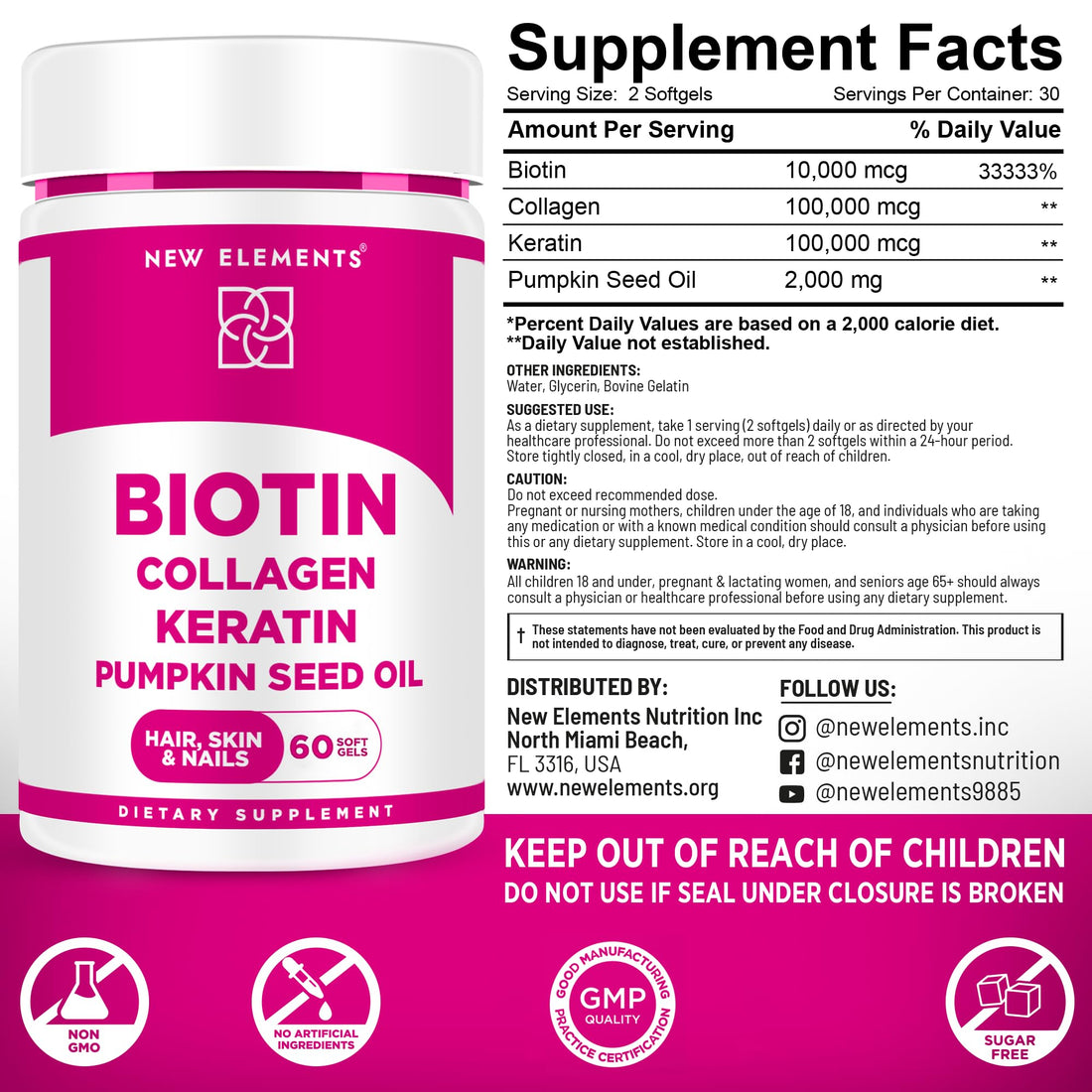 Biotin Supplement 10000mcg with Collagen Peptides Keratin and Pumpkin Seed Oil for Hair Skin and Nails | Hair Growth Supplement for Women & Men | Biotin and Collagen Supplements for Hair Loss