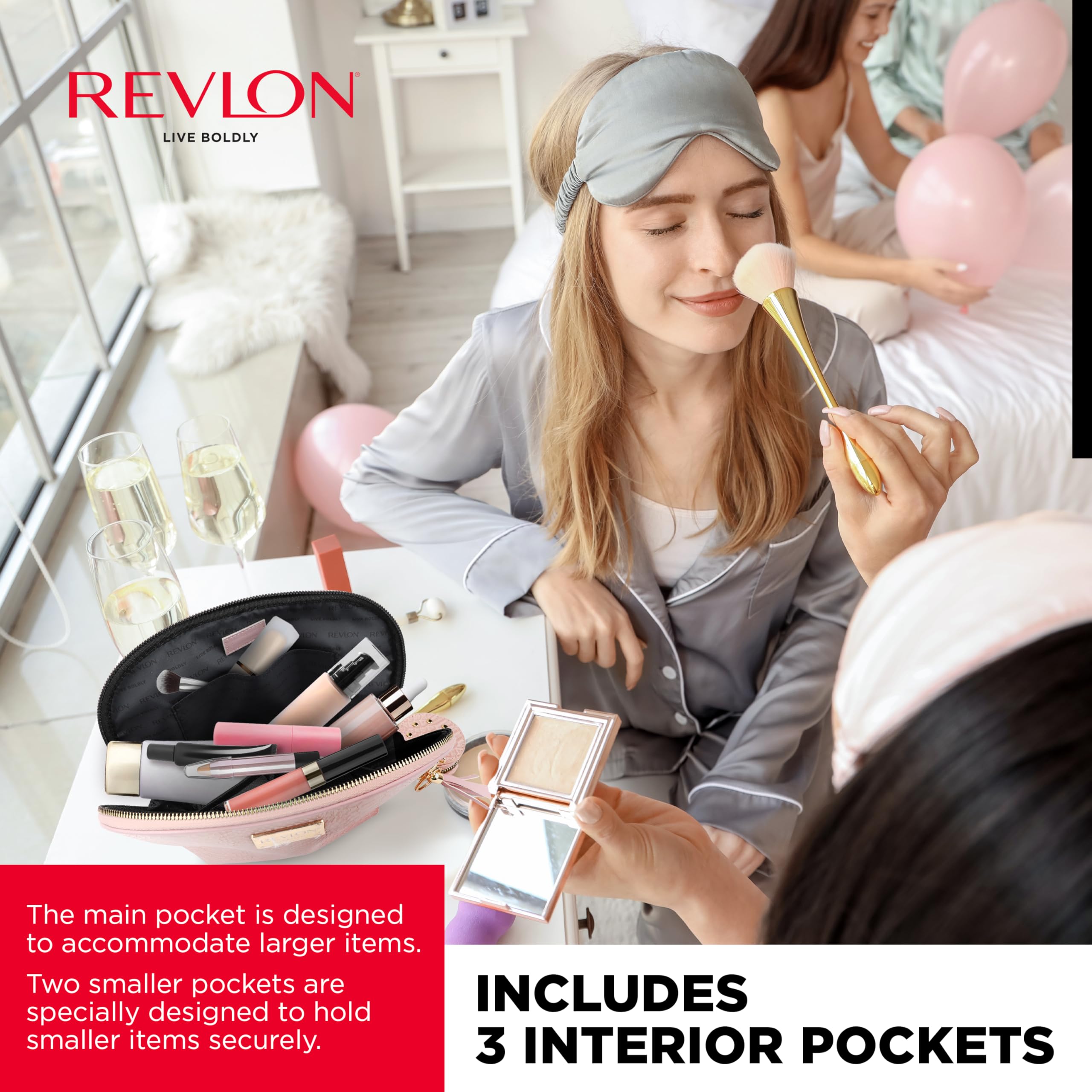 REVLON Croc Embossed Makeup Pouch, Small Makeup Pouch, Travel Makeup Organizer with Tassel & Mirror Keychain, Cosmetic Bag, Mini Makeup Case with Pockets, Gifts for Women, Ladies, or Teen Girls, Rose