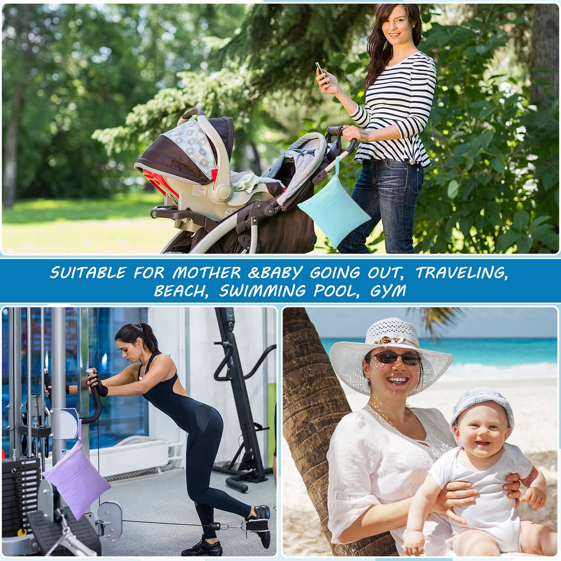 Shappy 4 Pcs Wet Dry Bag for Baby Cloth Diapers Waterproof Wet Bag Washable Travel Reusable with 2 Pocket for Travel Beach Pool(Blue, Purple, Pink, Orange)