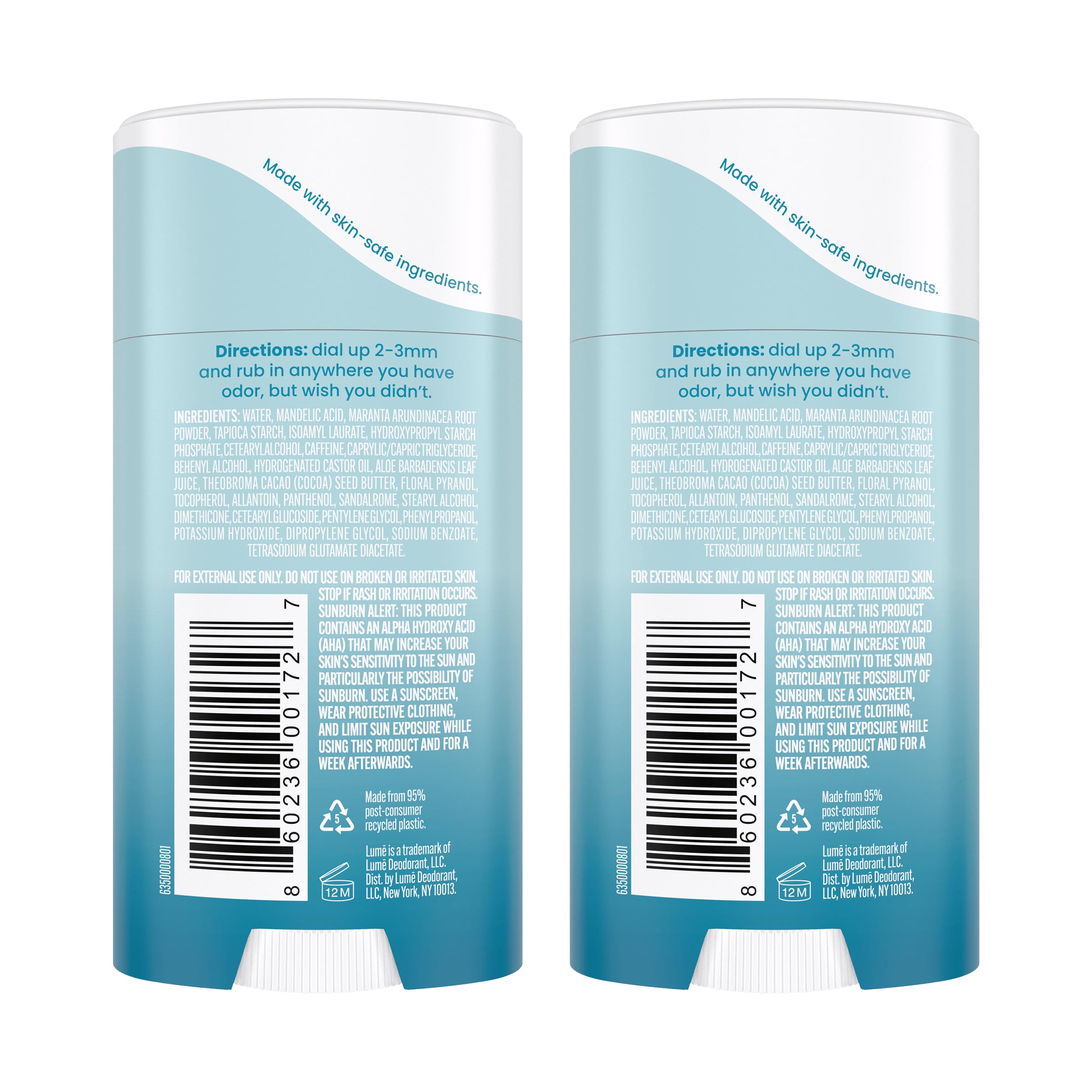 Lume Whole Body Deodorant - Invisible Cream Stick - 72 Hour Odor Control - Aluminum Free, Baking Soda Free, Skin Safe - 2.2 Ounce (Pack of 2) (Unscented)