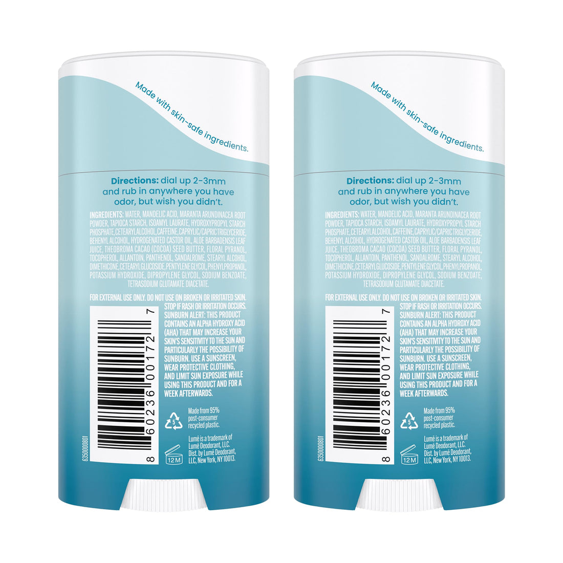 Lume Whole Body Deodorant - Invisible Cream Stick - 72 Hour Odor Control - Aluminum Free, Baking Soda Free, Skin Safe - 2.2 Ounce (Pack of 2) (Unscented)