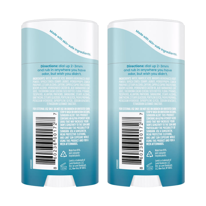 Lume Whole Body Deodorant - Invisible Cream Stick - 72 Hour Odor Control - Aluminum Free, Baking Soda Free, Skin Safe - 2.2 Ounce (Pack of 2) (Unscented)