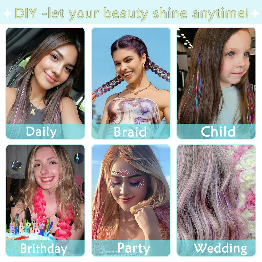 Hair Tinsel, Hair Tinsel Kit for Girls 1800 Strands Fairy Tinsel Hair Extensions Holographic Hair Tinsel Heat Resistant Colored Hair Glitter Christmas Party Festival (Red)